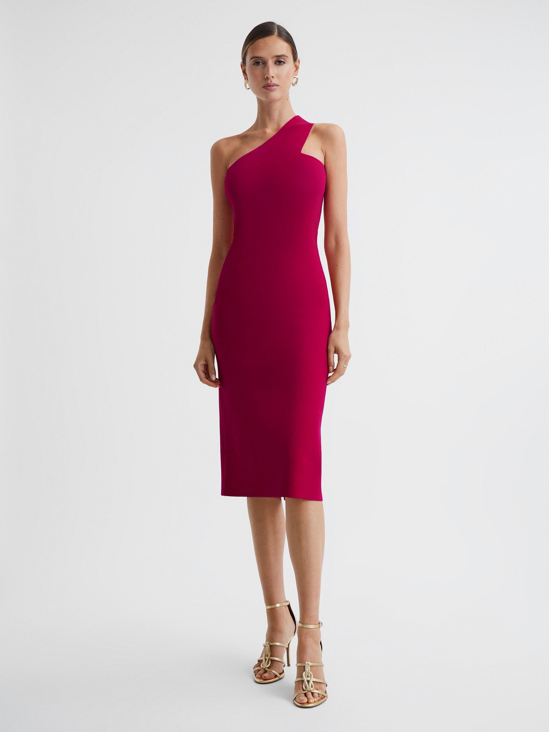 Knitted One Shoulder Bodycon Midi Dress in Pink