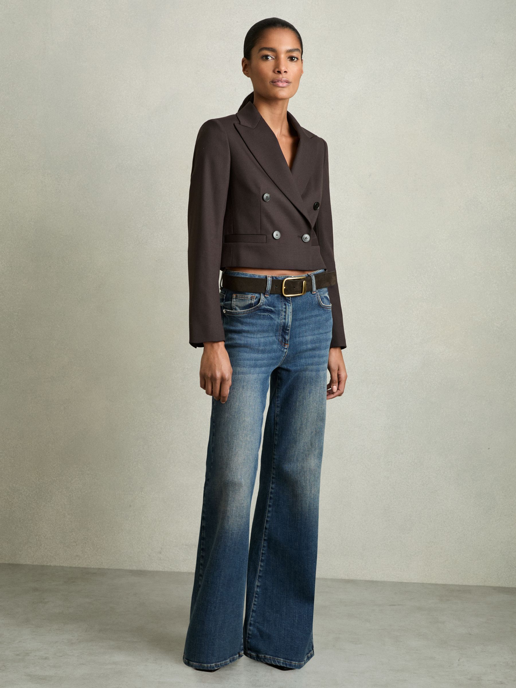 Double-Breasted Cropped Blazer Wool-Blend in Chocolate Brown