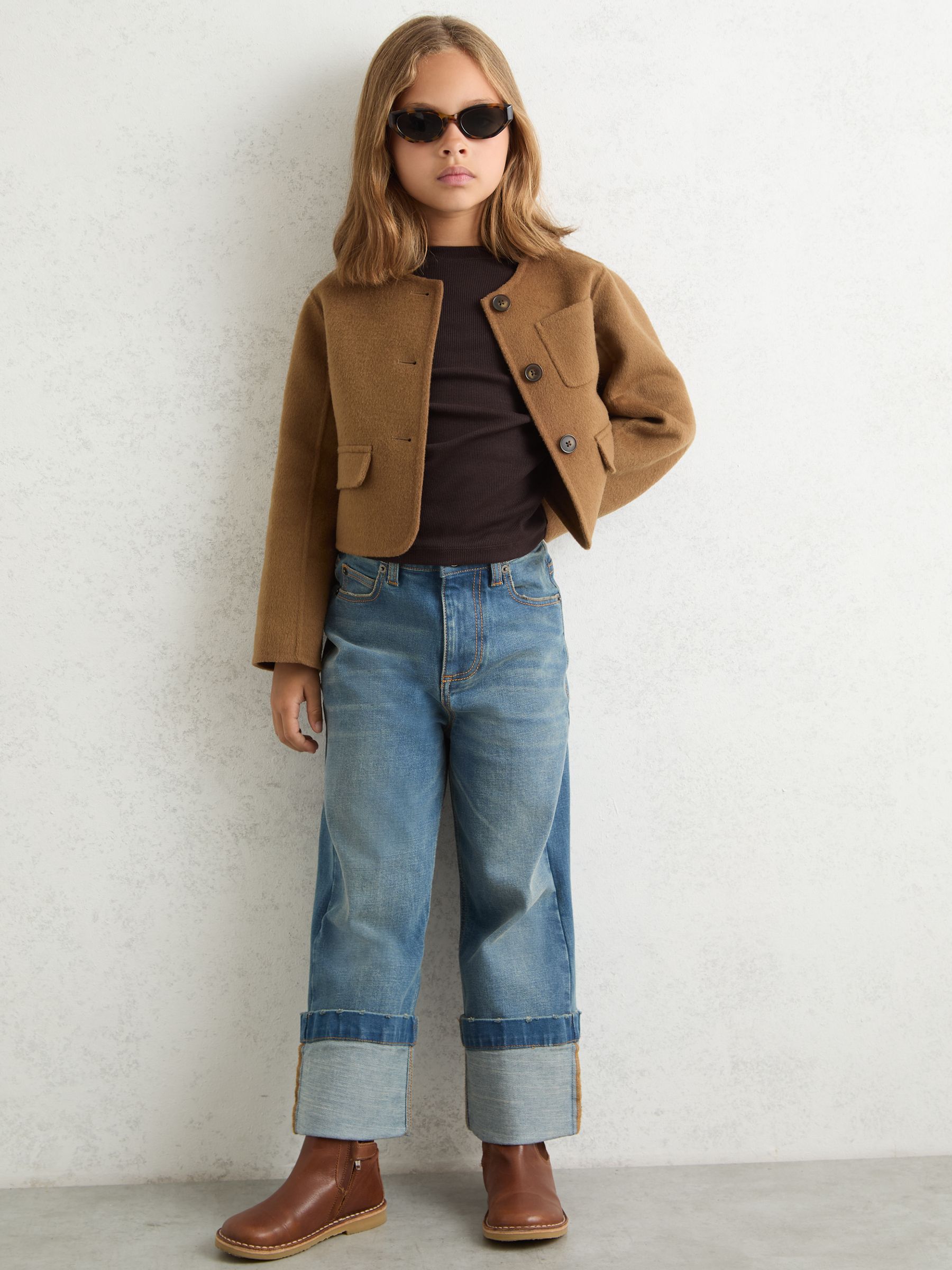 9-13 yrs Wool-Blend Cropped Collarless Jacket in Camel
