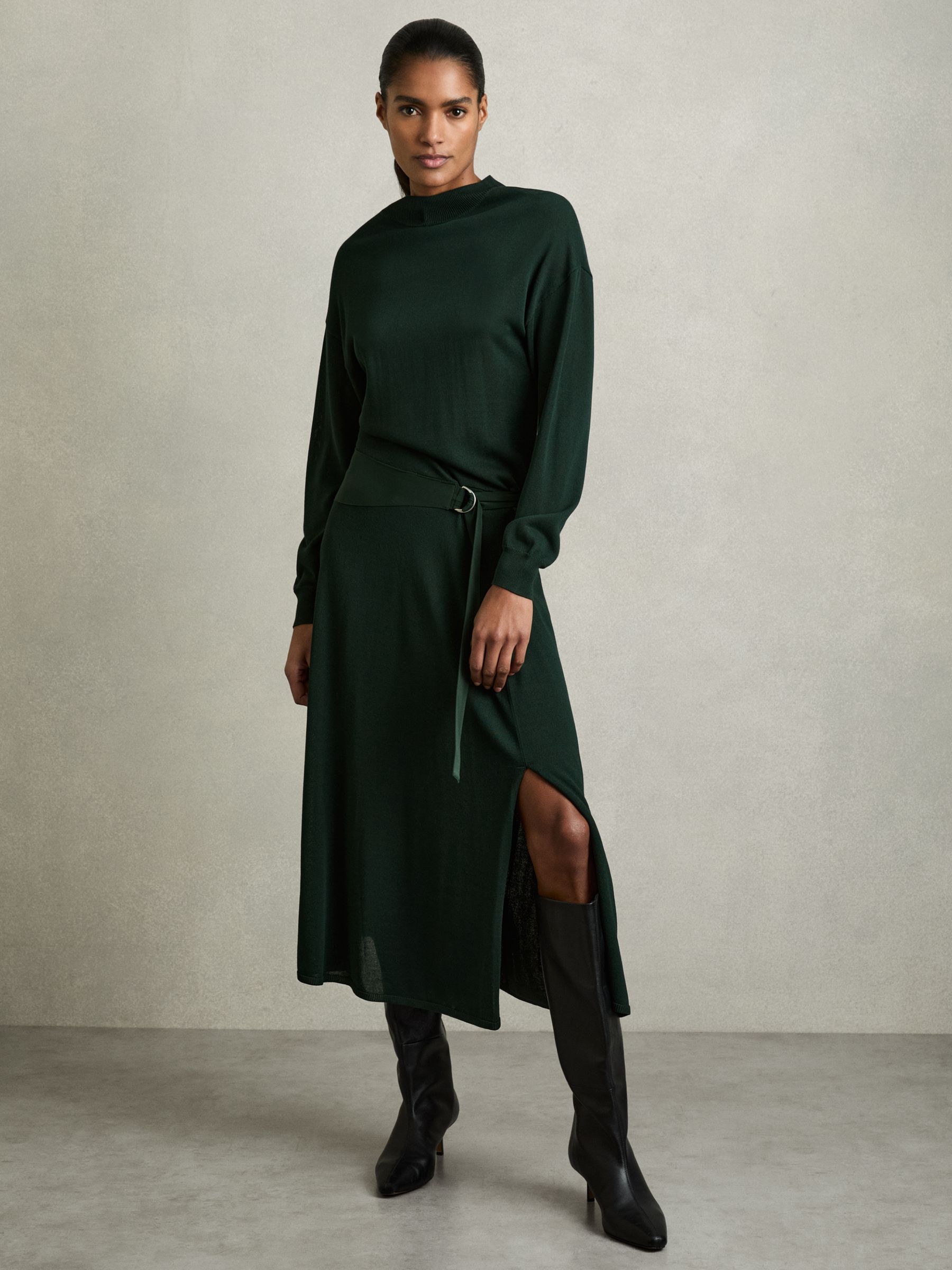 Compact-Knit Belted Midi Dress in Dark Green
