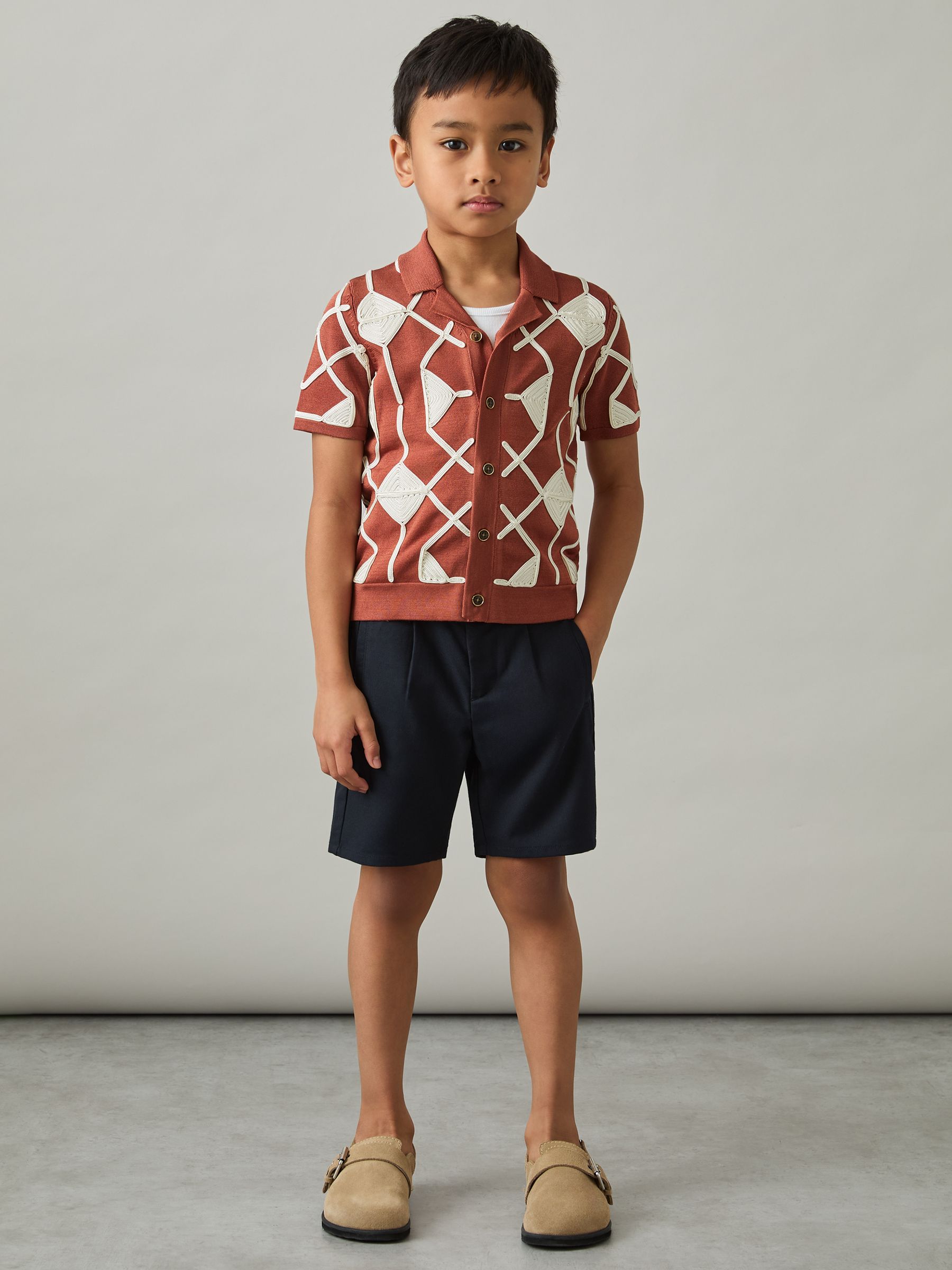 3-9 yrs Geometric Embroidery Knit Shirt in Paprika Red/Off White