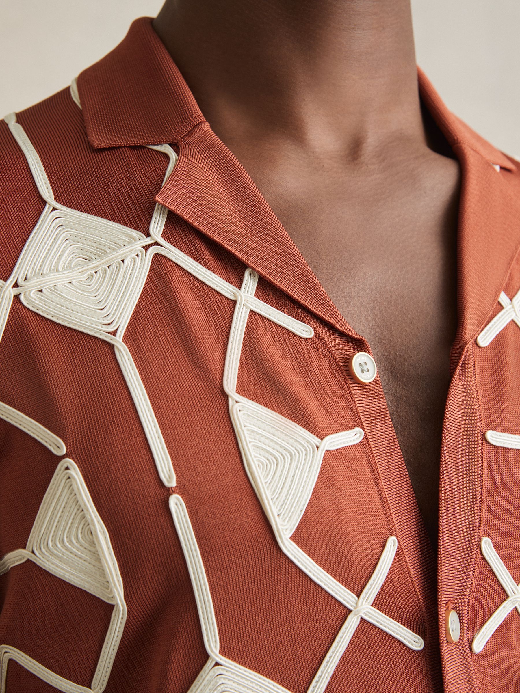 Geometric Embroidery Knit Shirt in Paprika Red