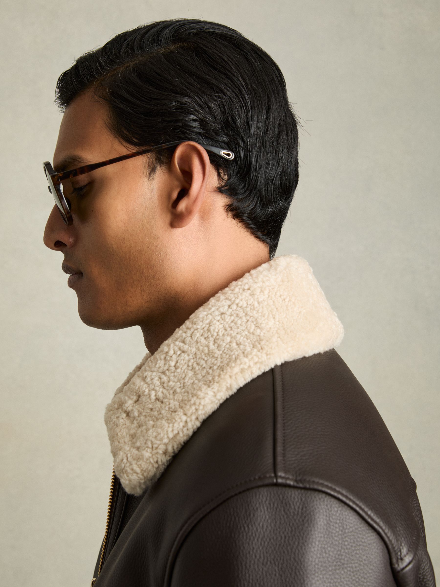 Shearling-Collar Leather Jacket in Dark Brown