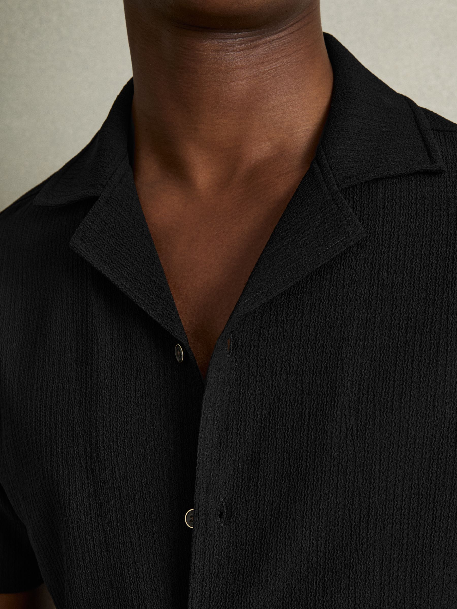 Textured Crepe Cuban Collar Shirt in Black