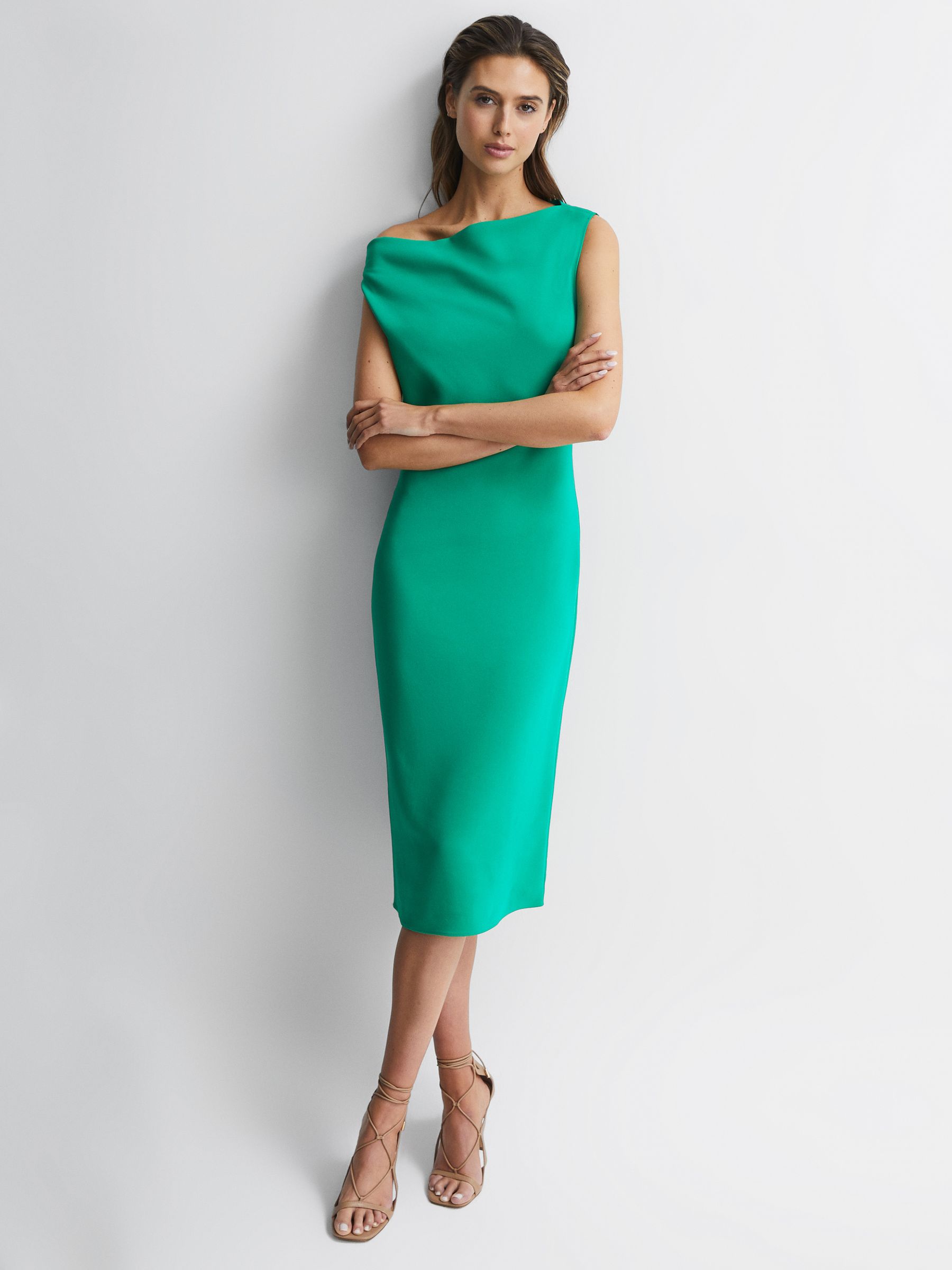 Off-Shoulder Bodycon Midi Dress in Green