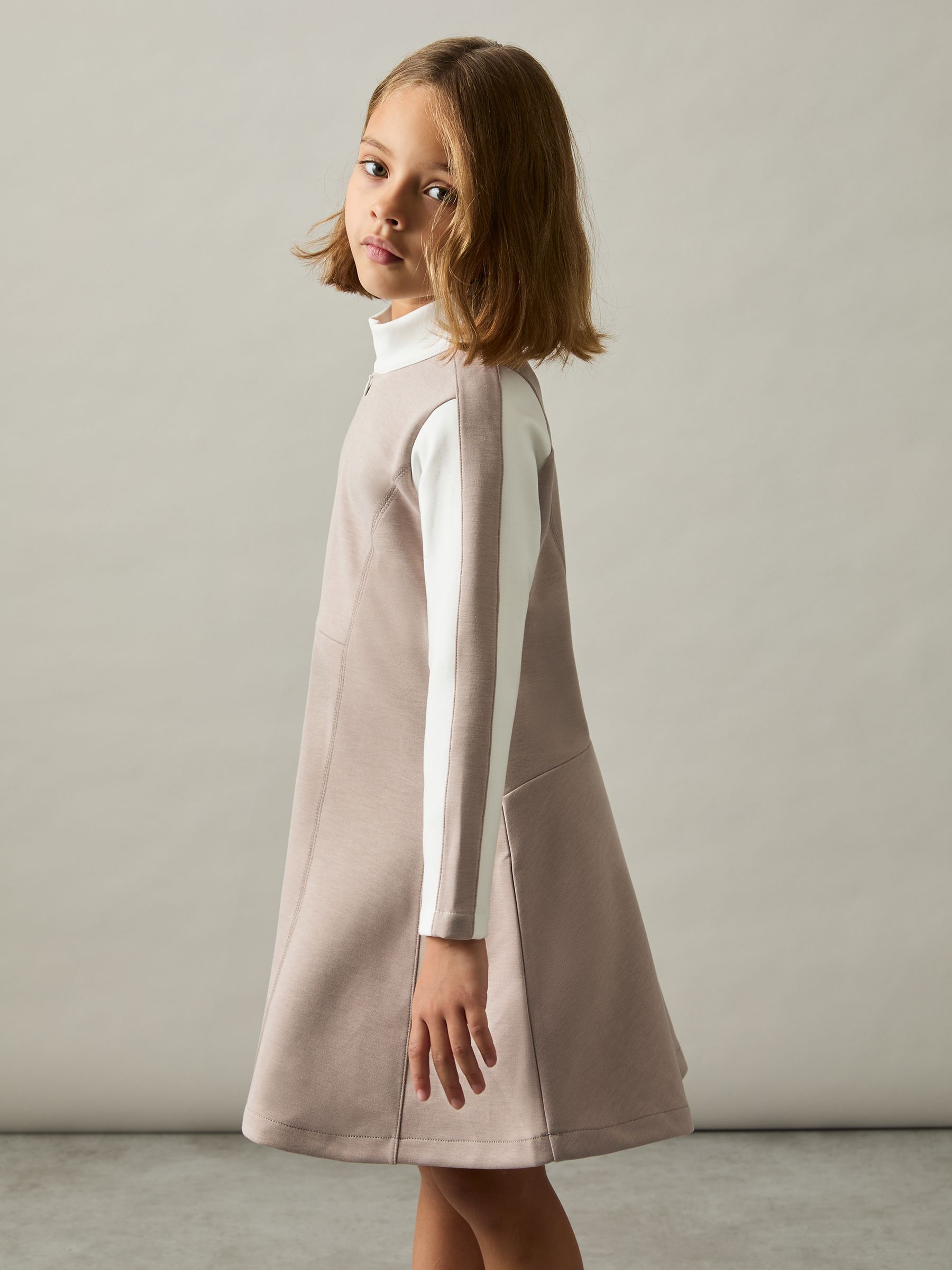 9-13 yrs Jersey Contrast-Stitch Flared Dress in Ecru