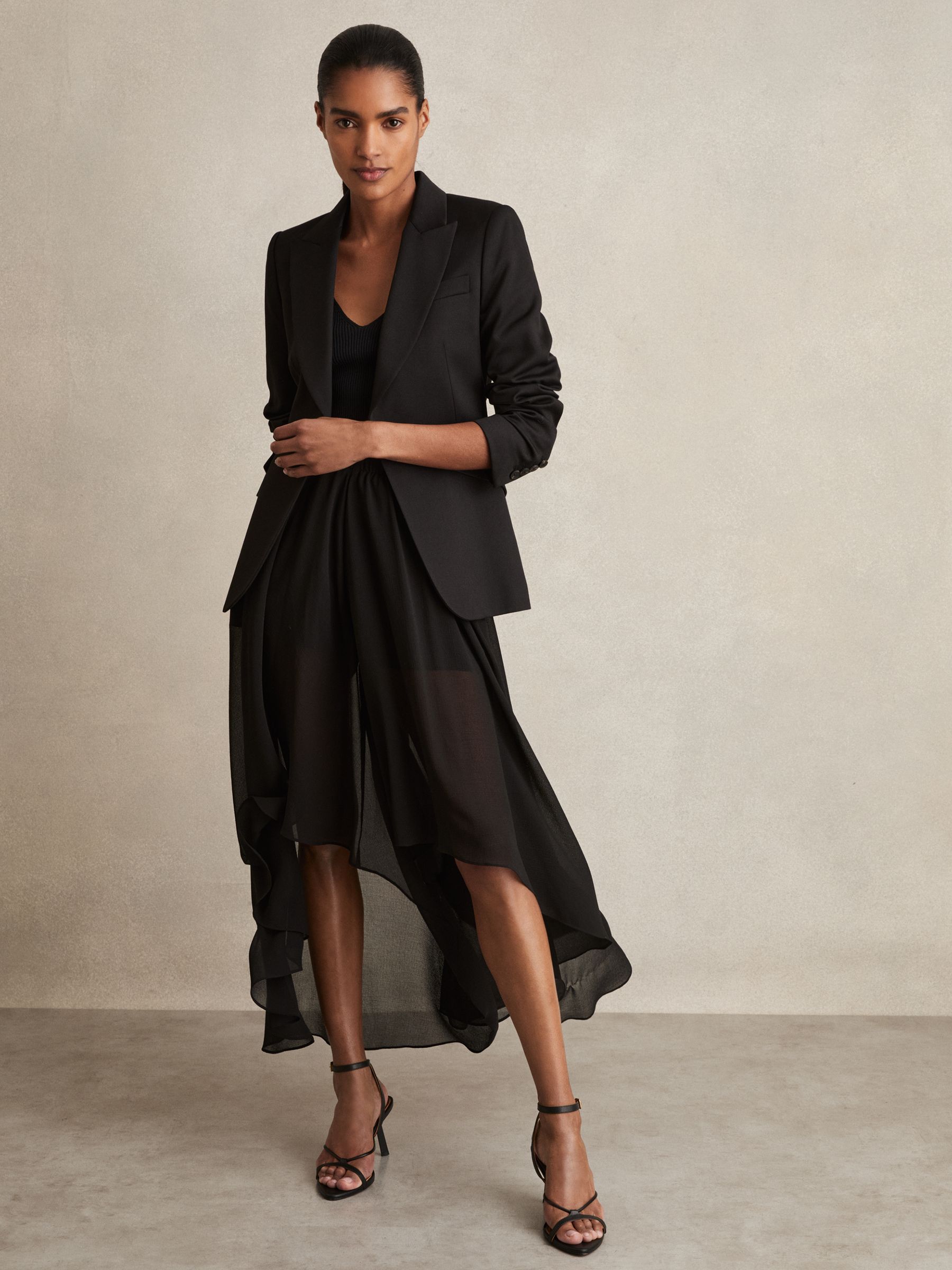 Sheer-Overlay High-Low Shorts in Black