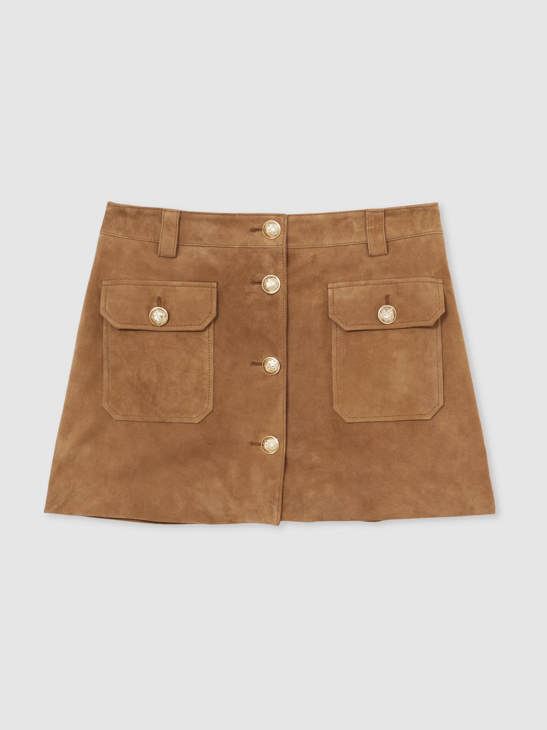 Suede Button-Through Mini Skirt in Tan