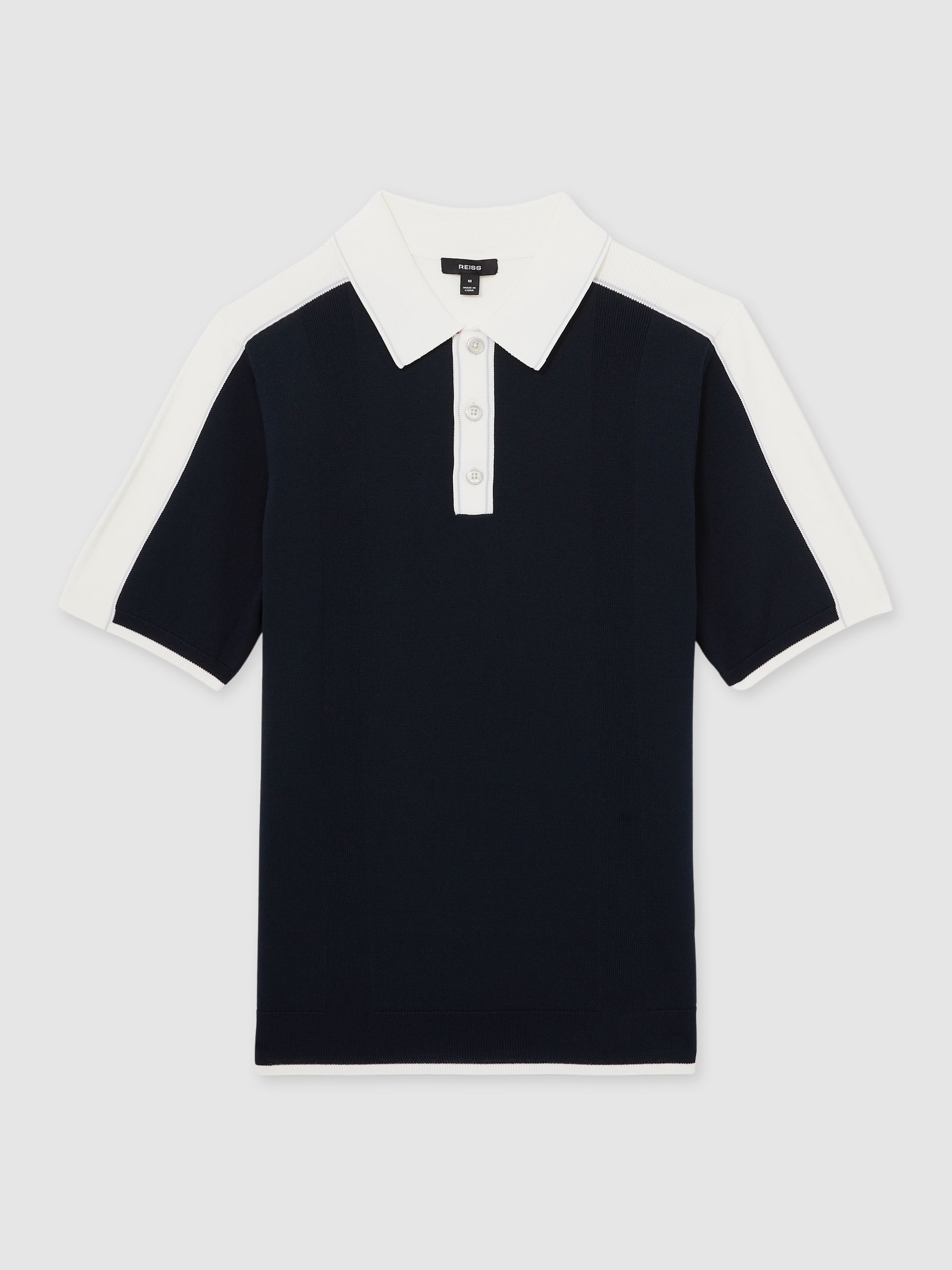 Colour-Block Knit Polo Shirt in Navy/White