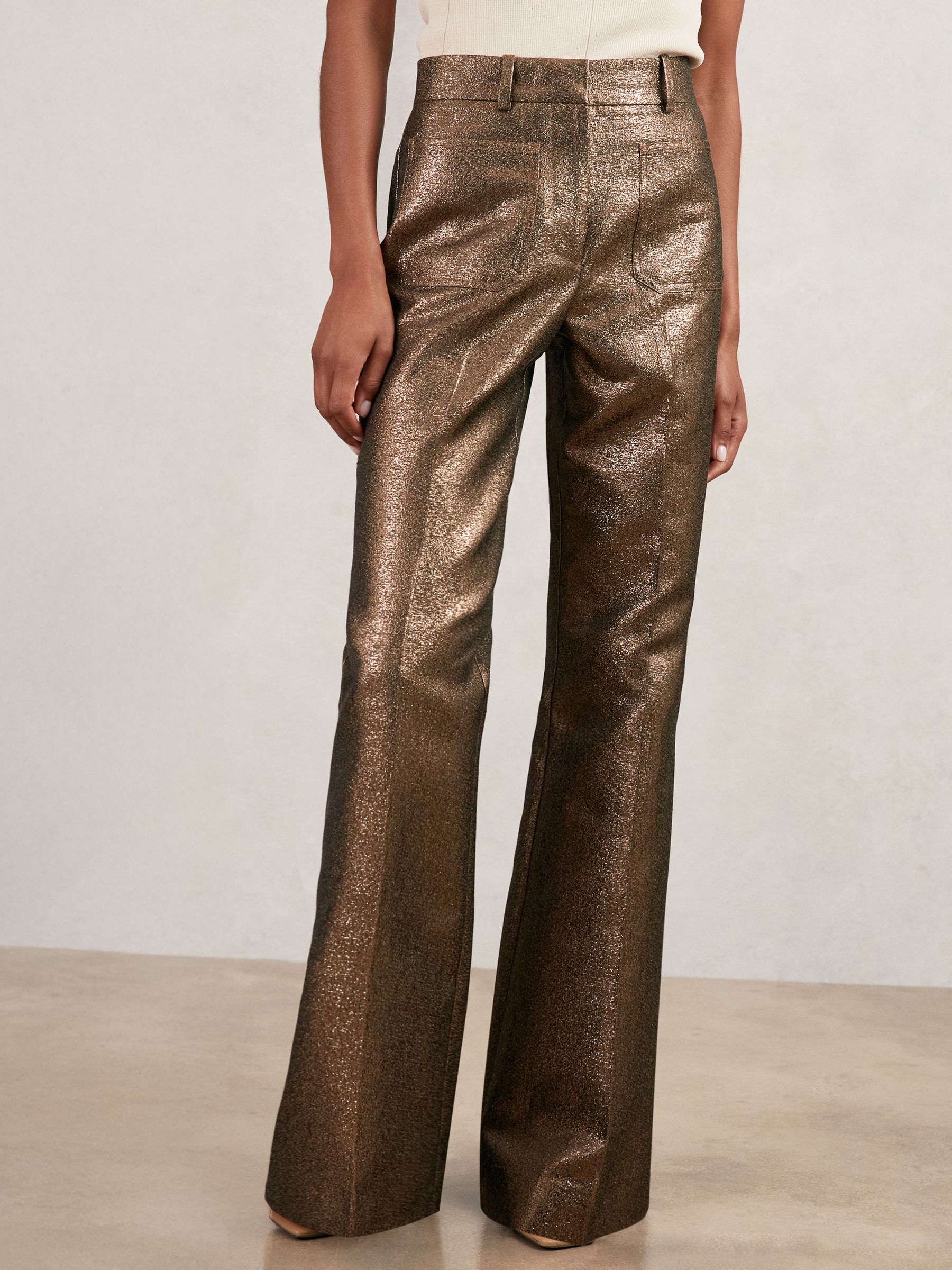 Sparkle Patch-Pocket Flared Trousers in Gold