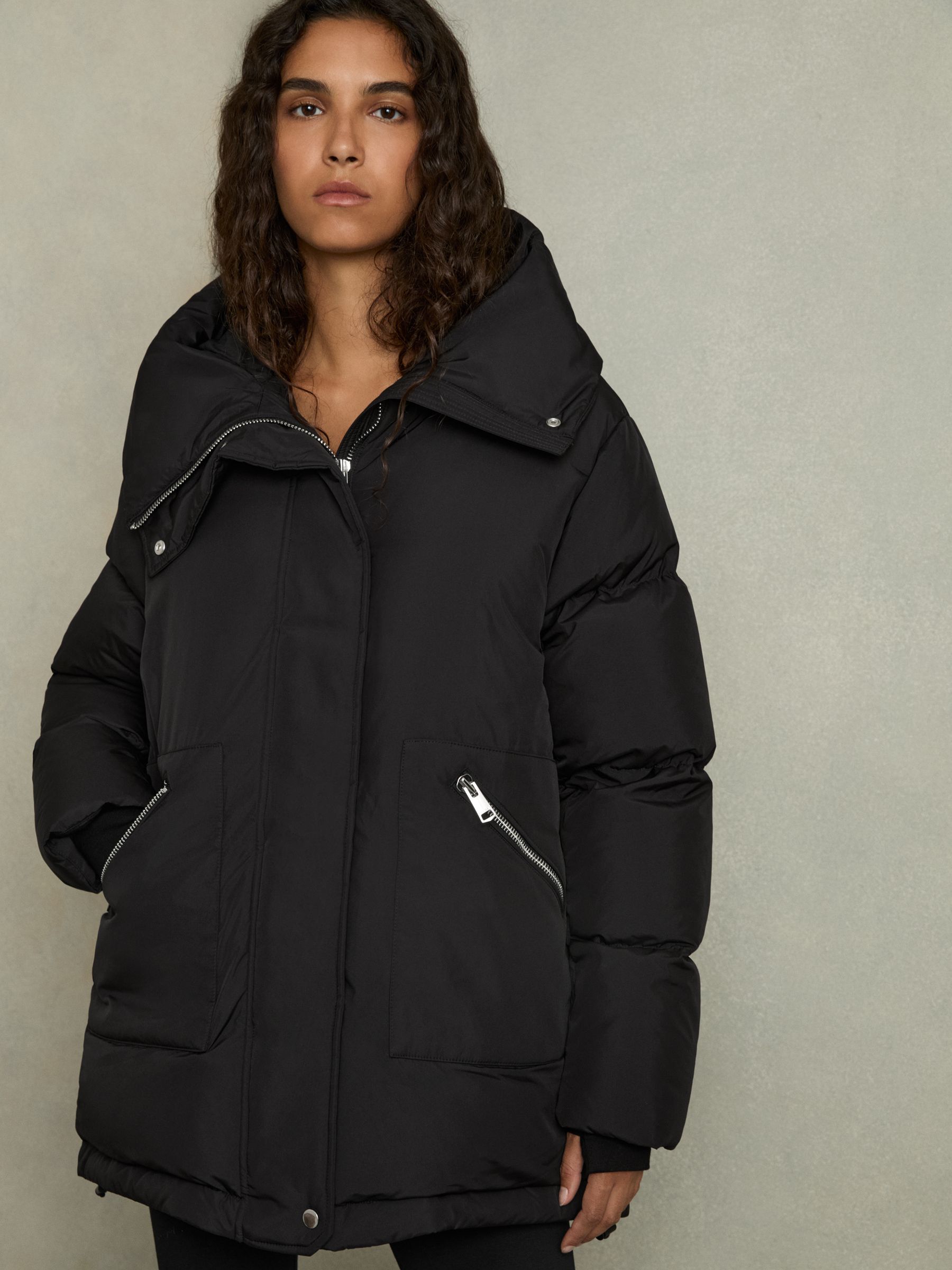 Petite Concealed-Hood Puffer Coat in Black