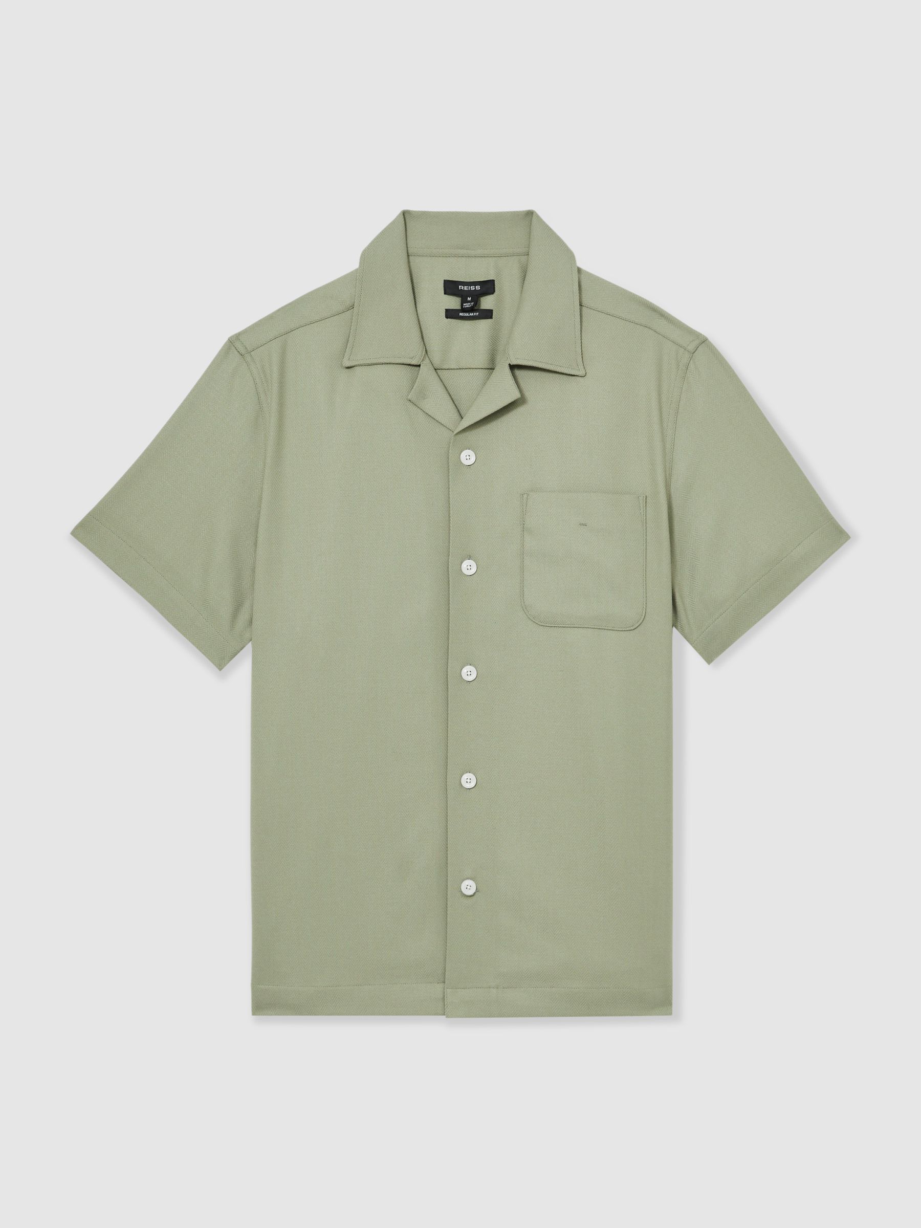 Herringbone Twill Cuban Collar Short Sleeve Shirt in Sage Green