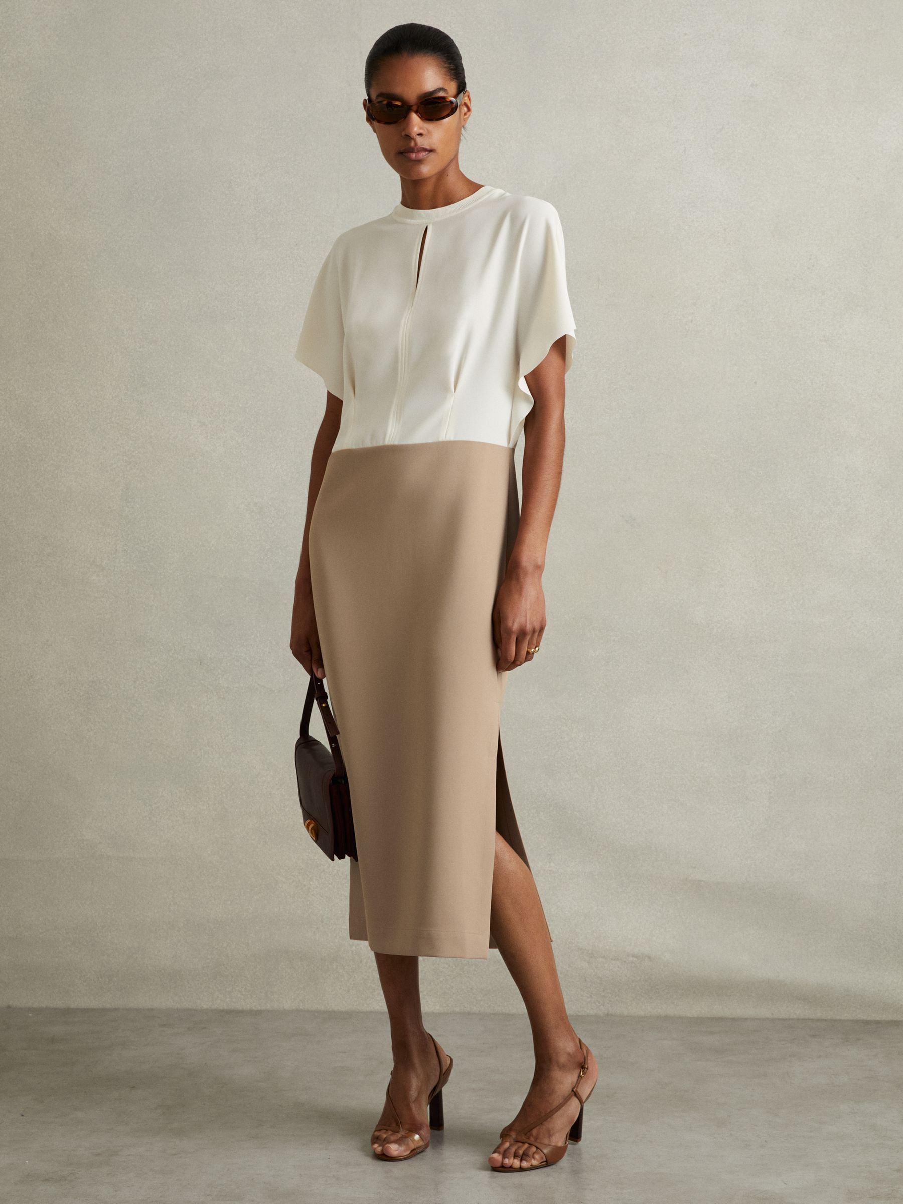 Miller Ivory/Stone Colourblock Draped Sleeve Midi Dress