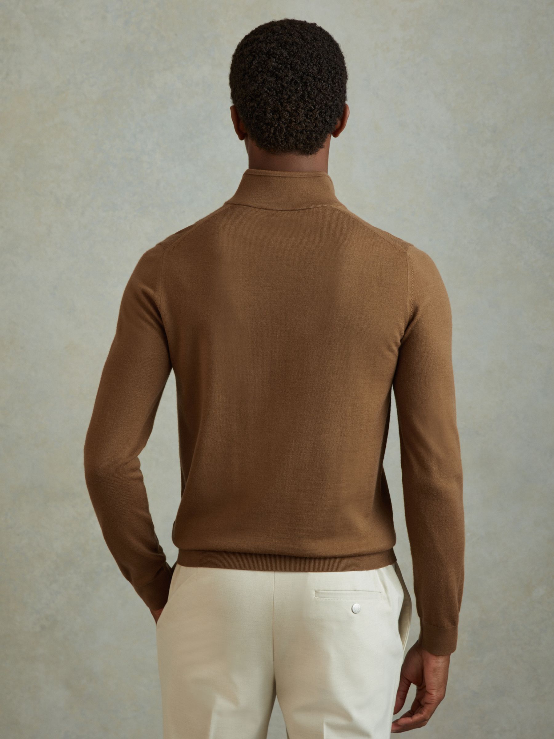 Merino Wool Half-Zip Funnel Neck Jumper in Tobacco Brown