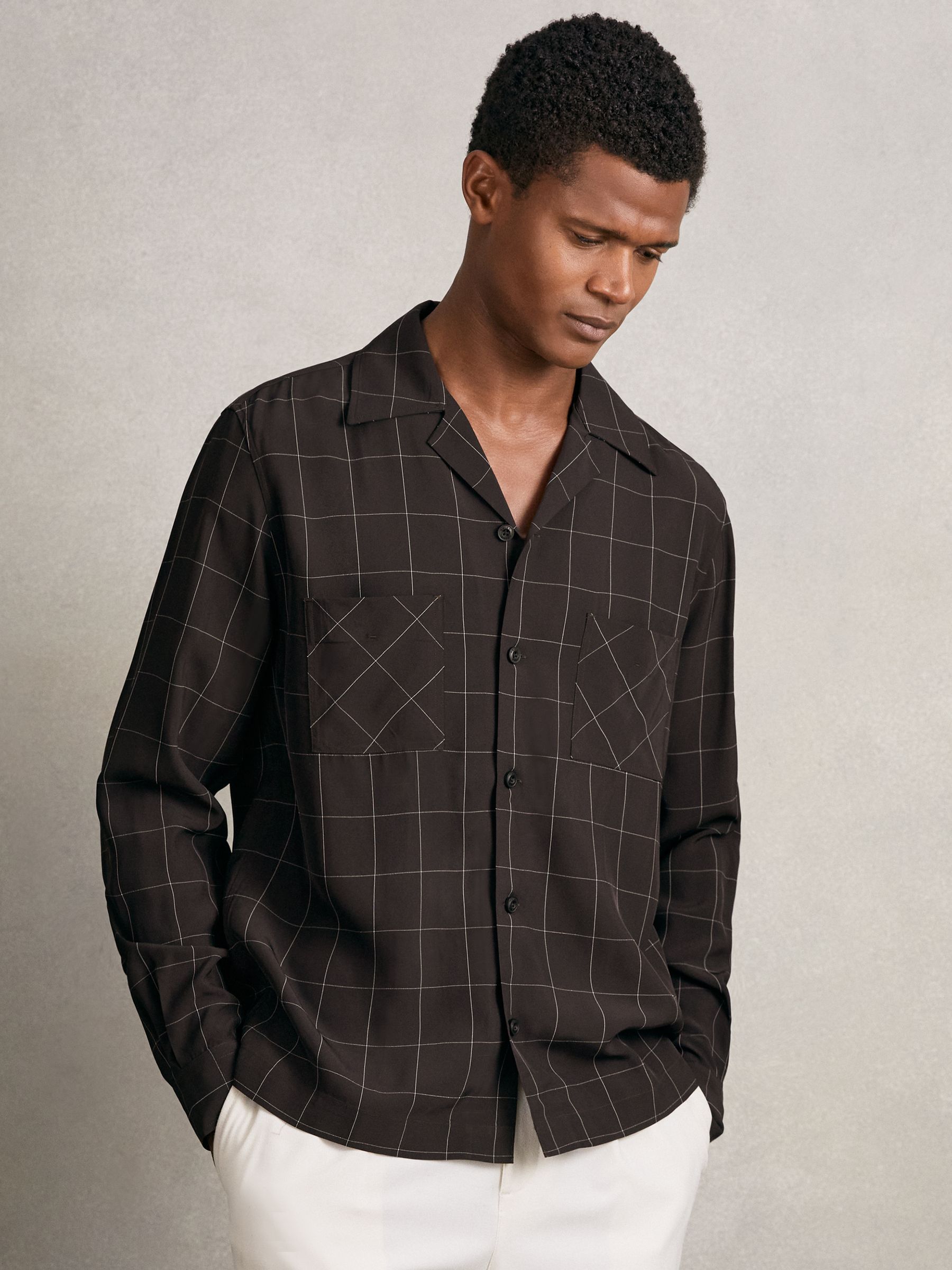 Windowpane-Check Cuban-Collar Shirt in Dark Brown