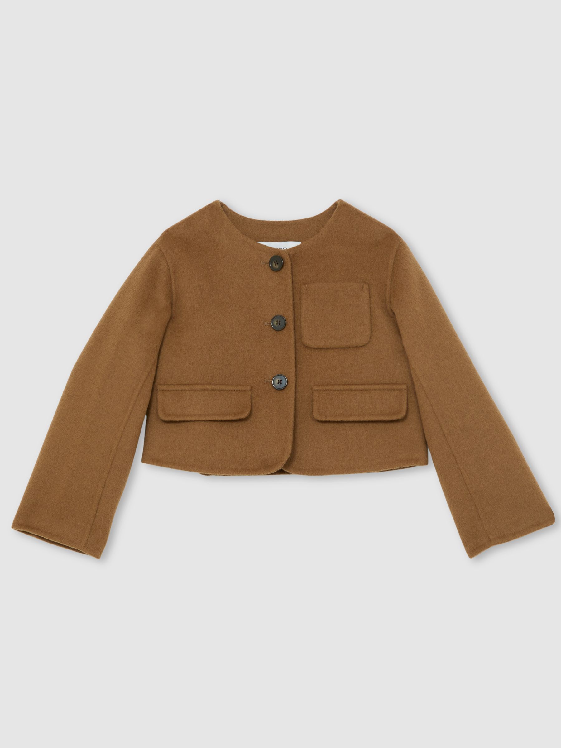 9-13 yrs Wool-Blend Cropped Collarless Jacket in Camel