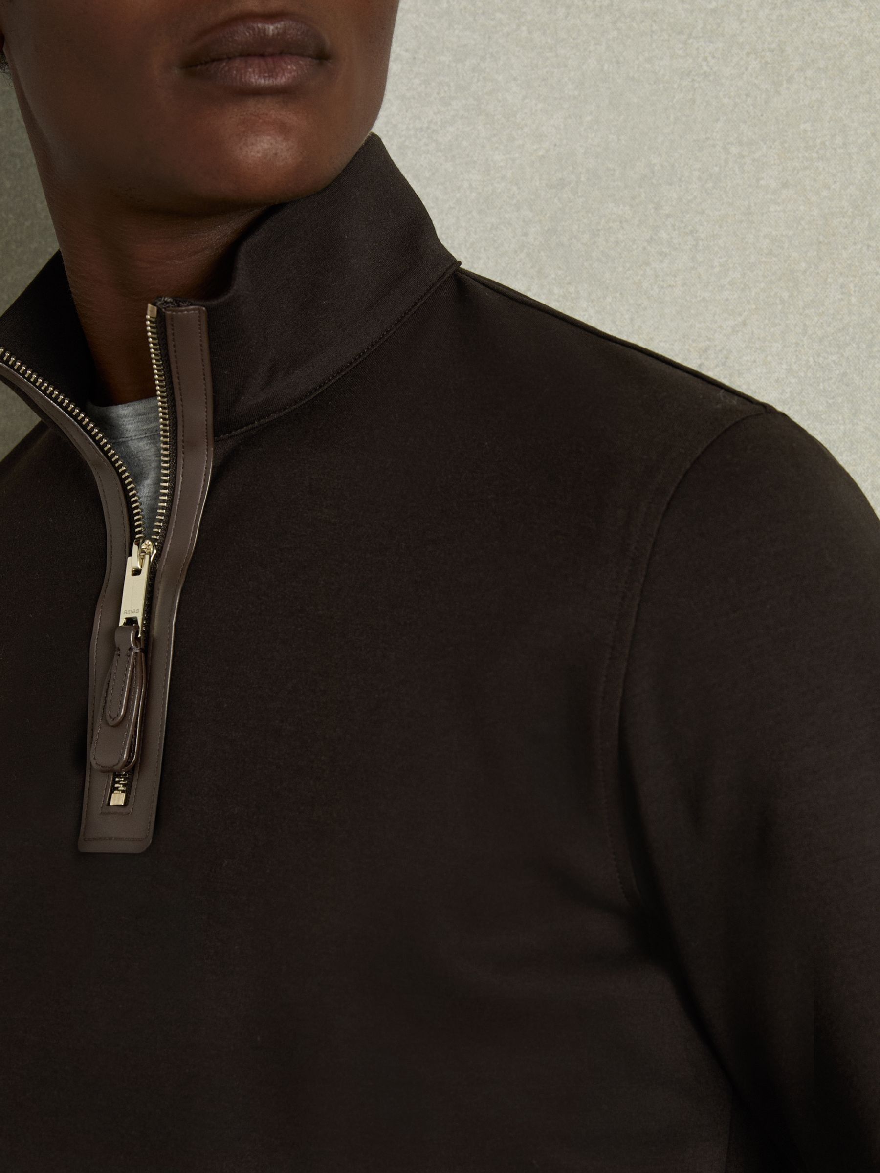 Leather-Placket Interlock-Jersey Sweatshirt in Chocolate Brown