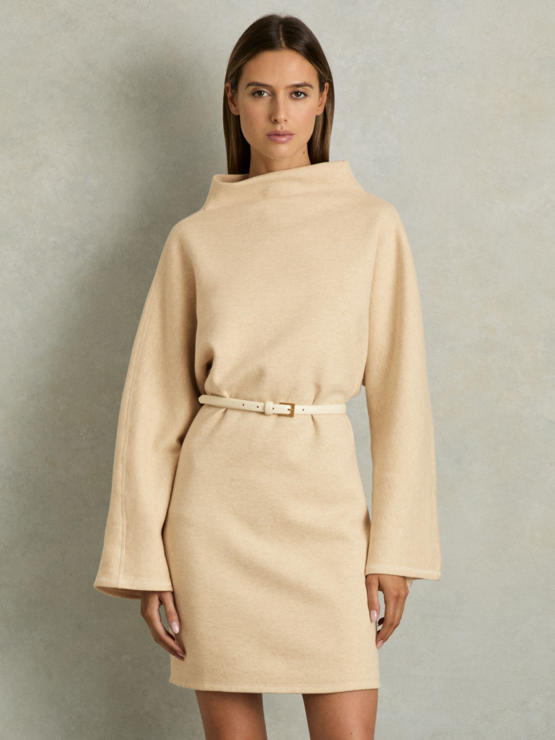 Cotton-Blend Jersey Funnel-Neck Dress in Cream