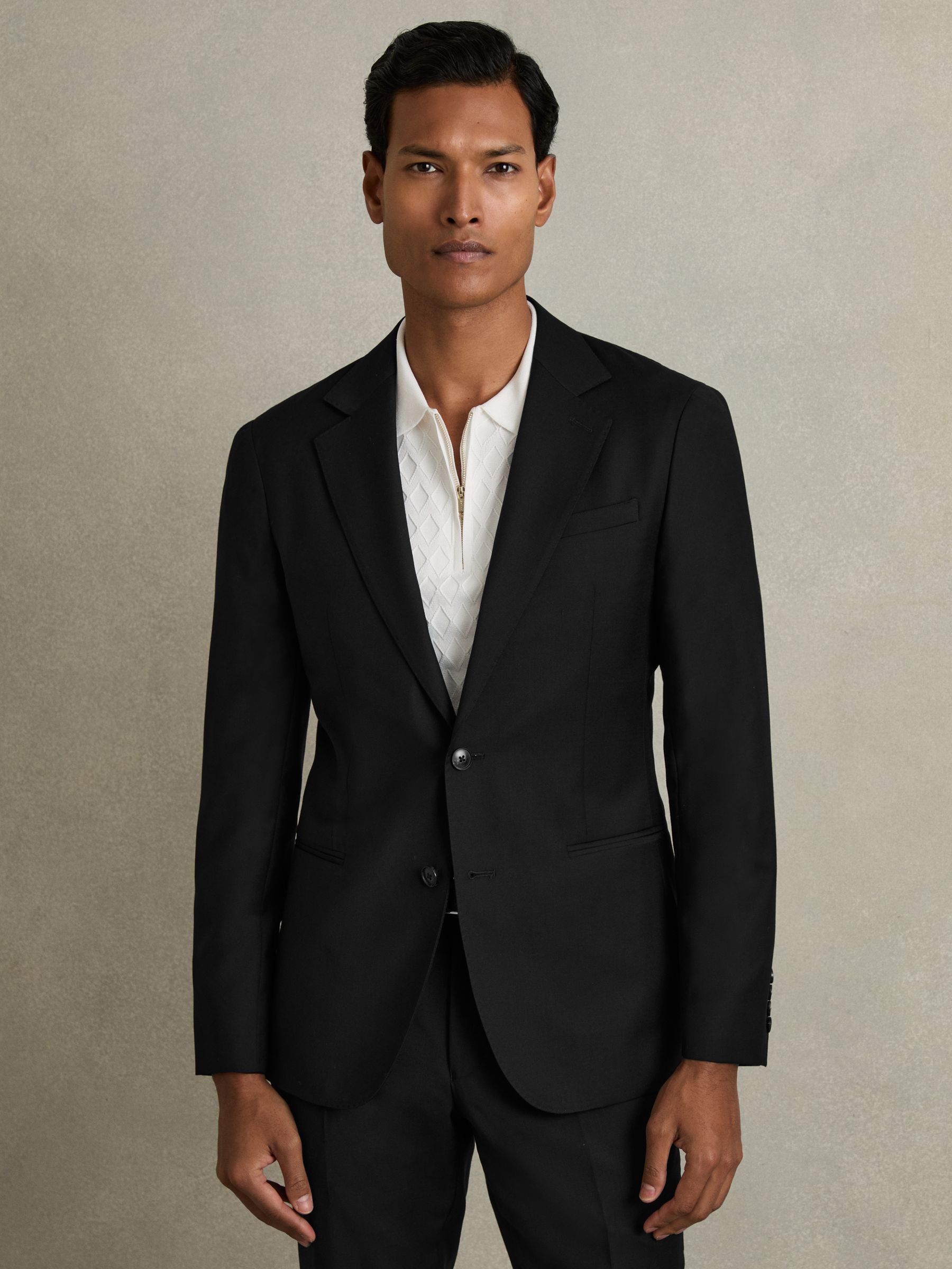 Slim-Fit Single Breasted Wool Suit Jacket in Black