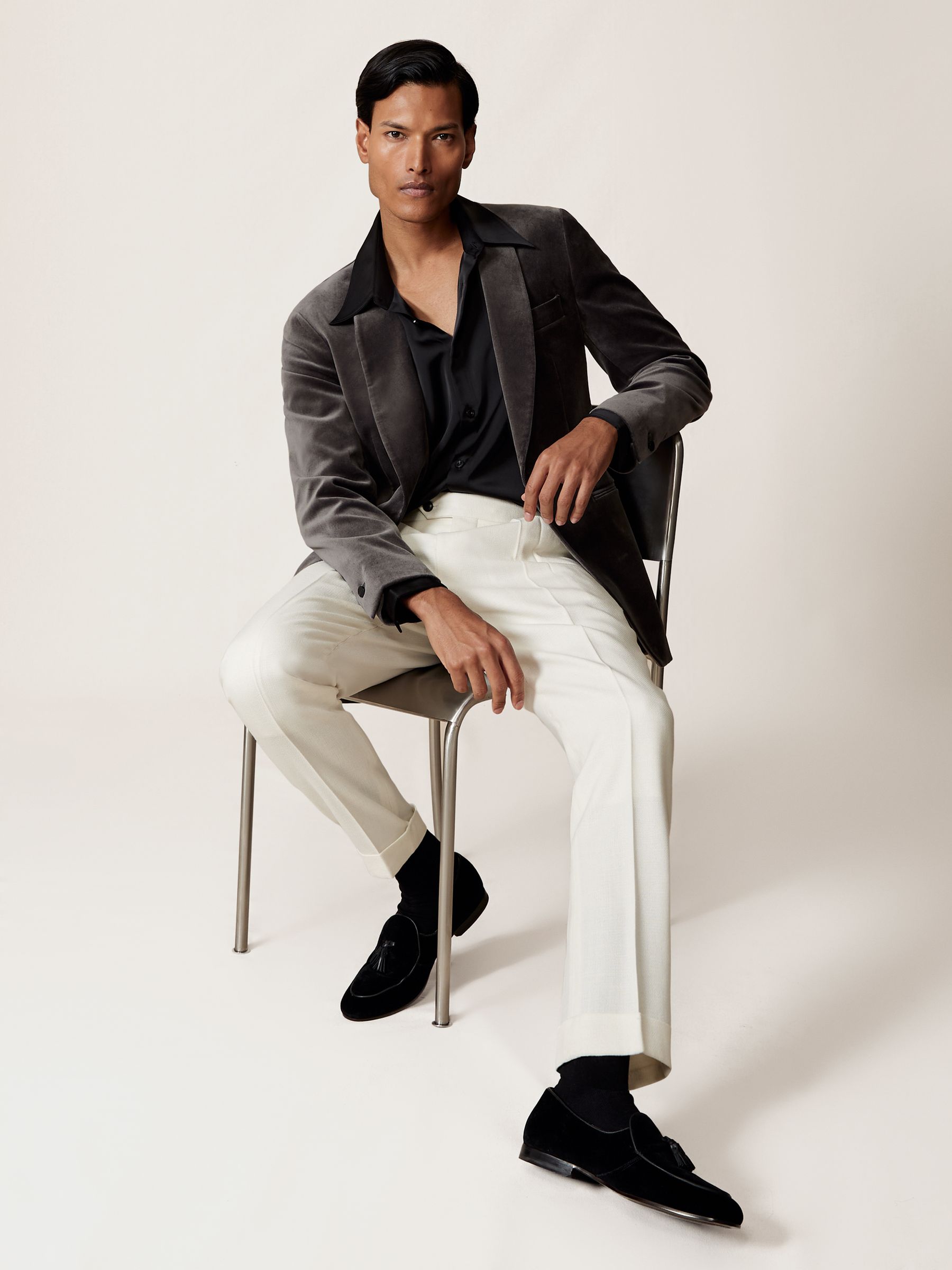 Single-Breasted Velvet Blazer Regular-Fit in Grey