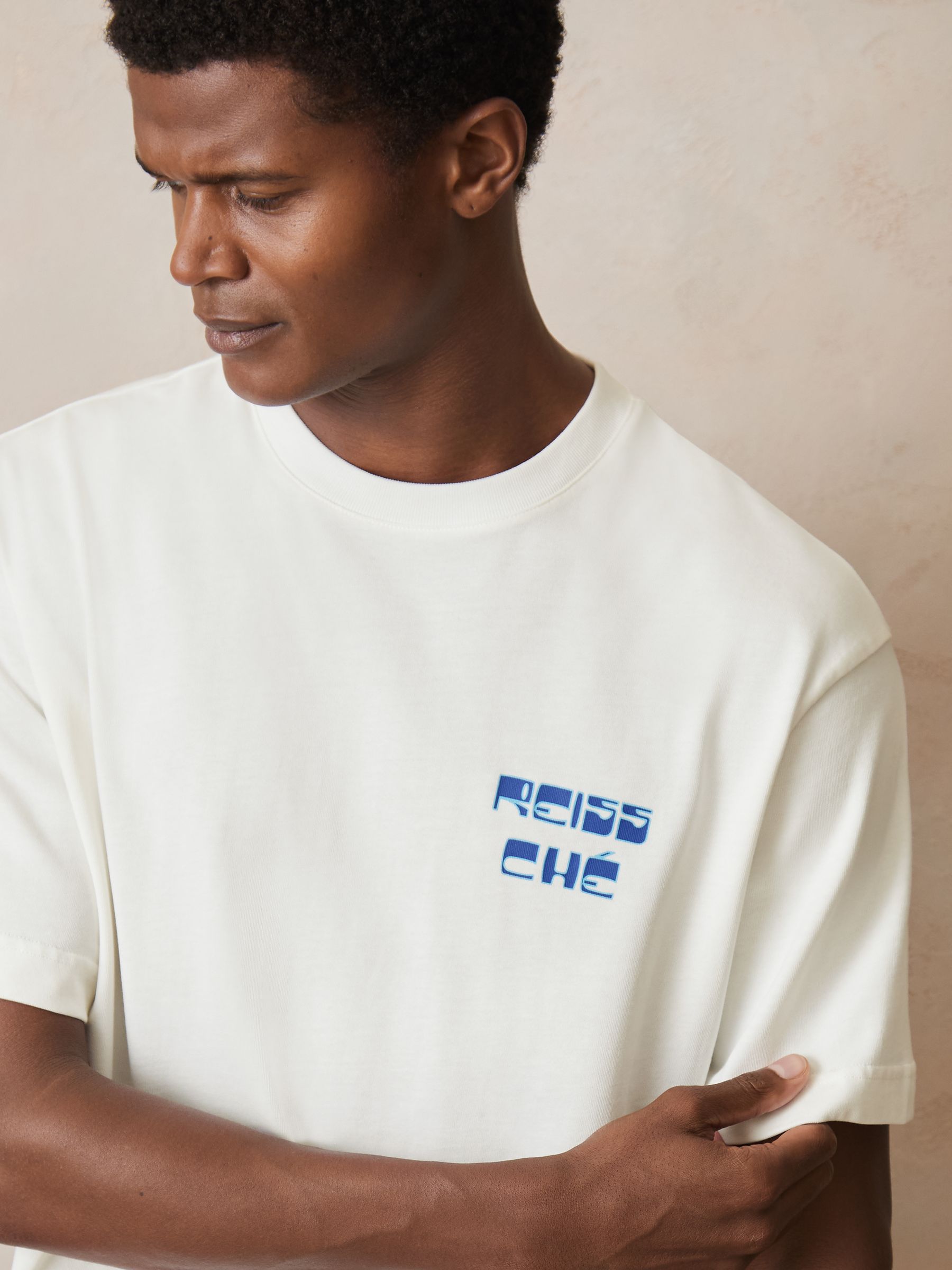 Reiss | Ché Cotton Palm-Print T-Shirt in White