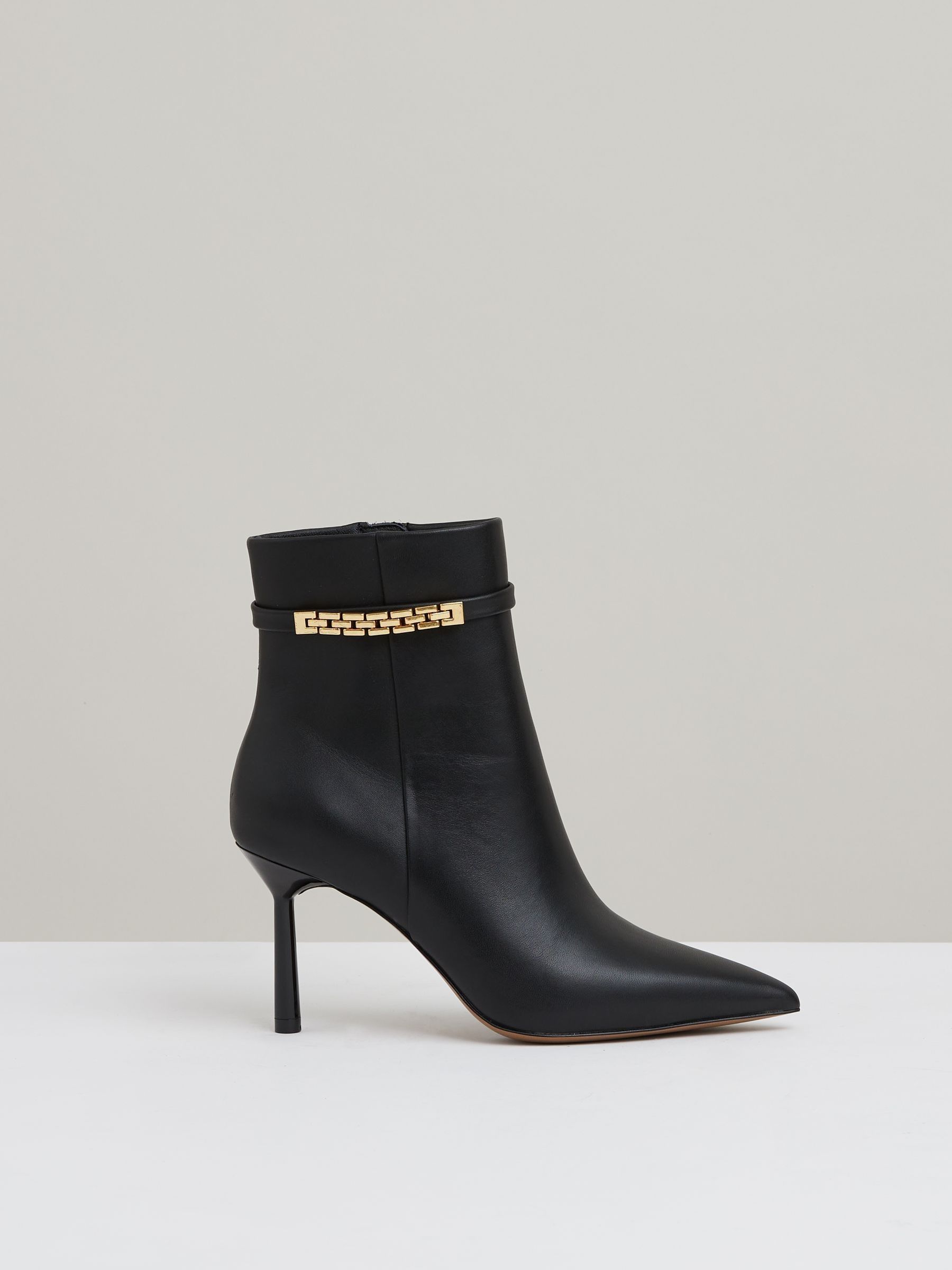 Leather Chain Embellished Ankle Boots in Black
