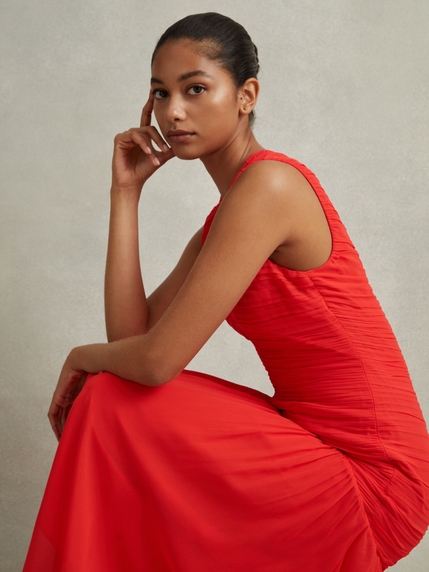 Ruched Bodycon Midi Dress in Coral