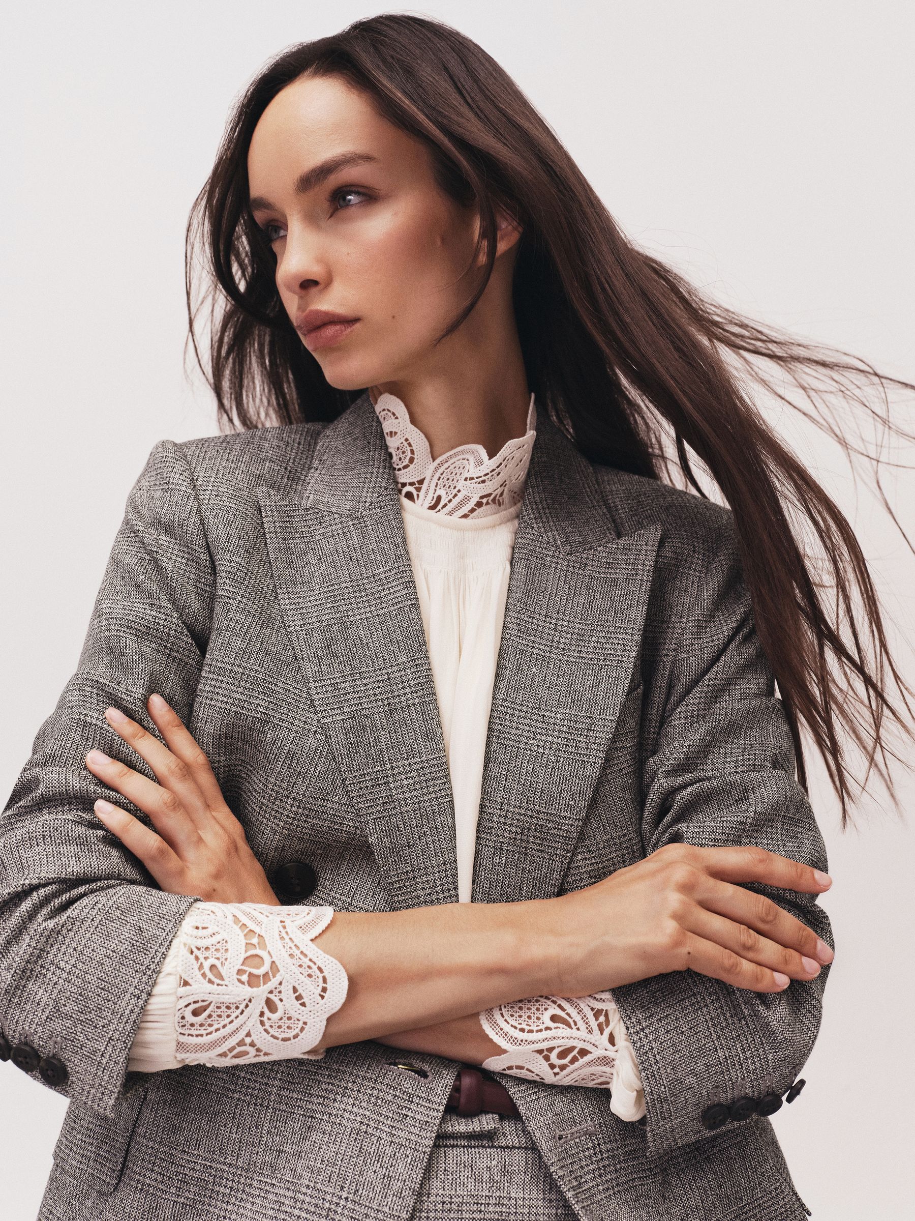 Lace-Trim Draped Chiffon Top in Cream