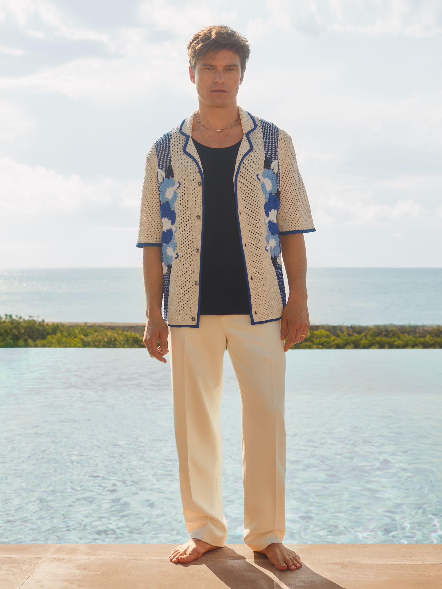 Love Ecru/Blue Ché Open-Stitch Jacquard Cuban Collar Shirt