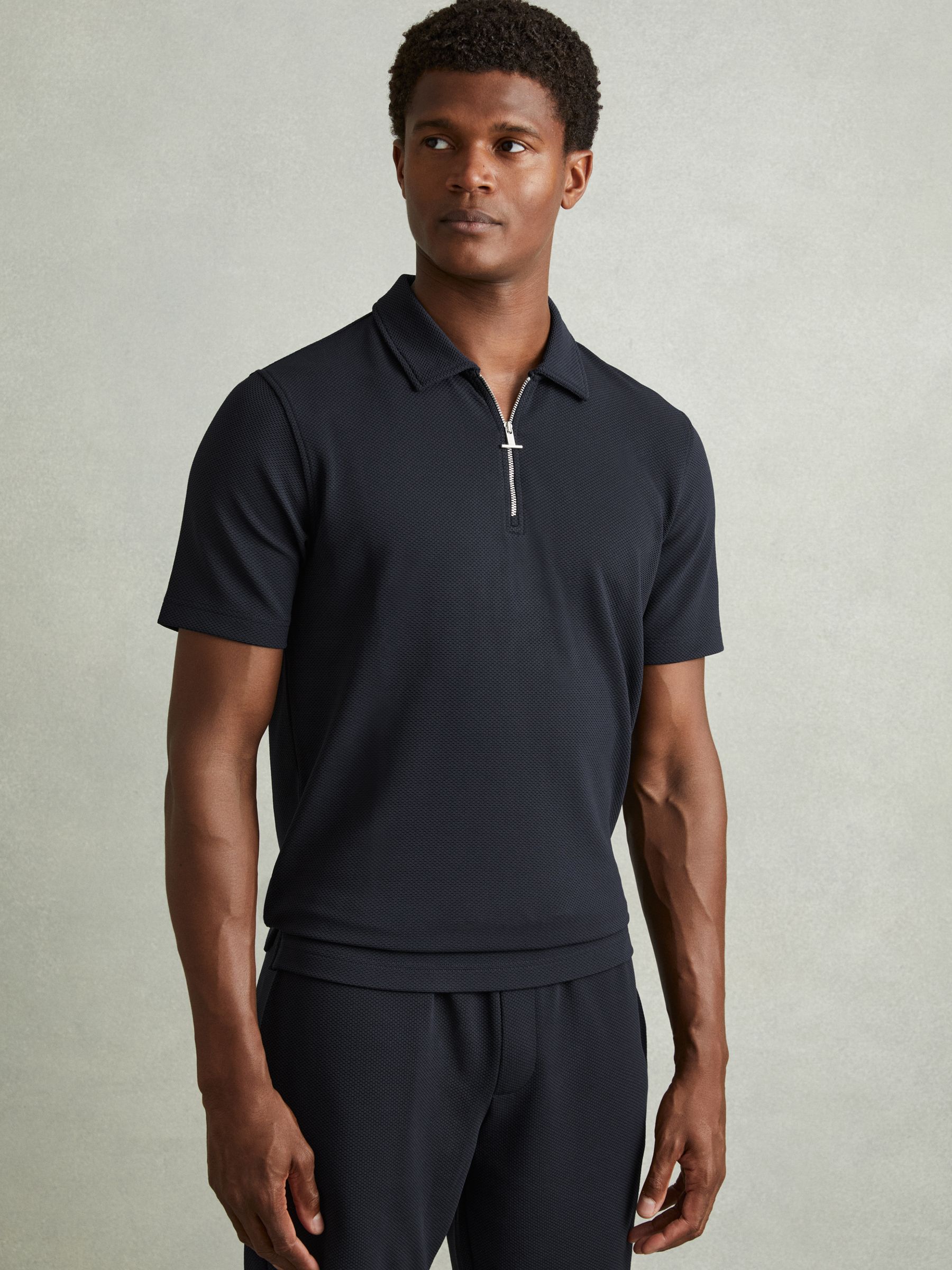 Textured Zip-Neck Polo Shirt in Navy