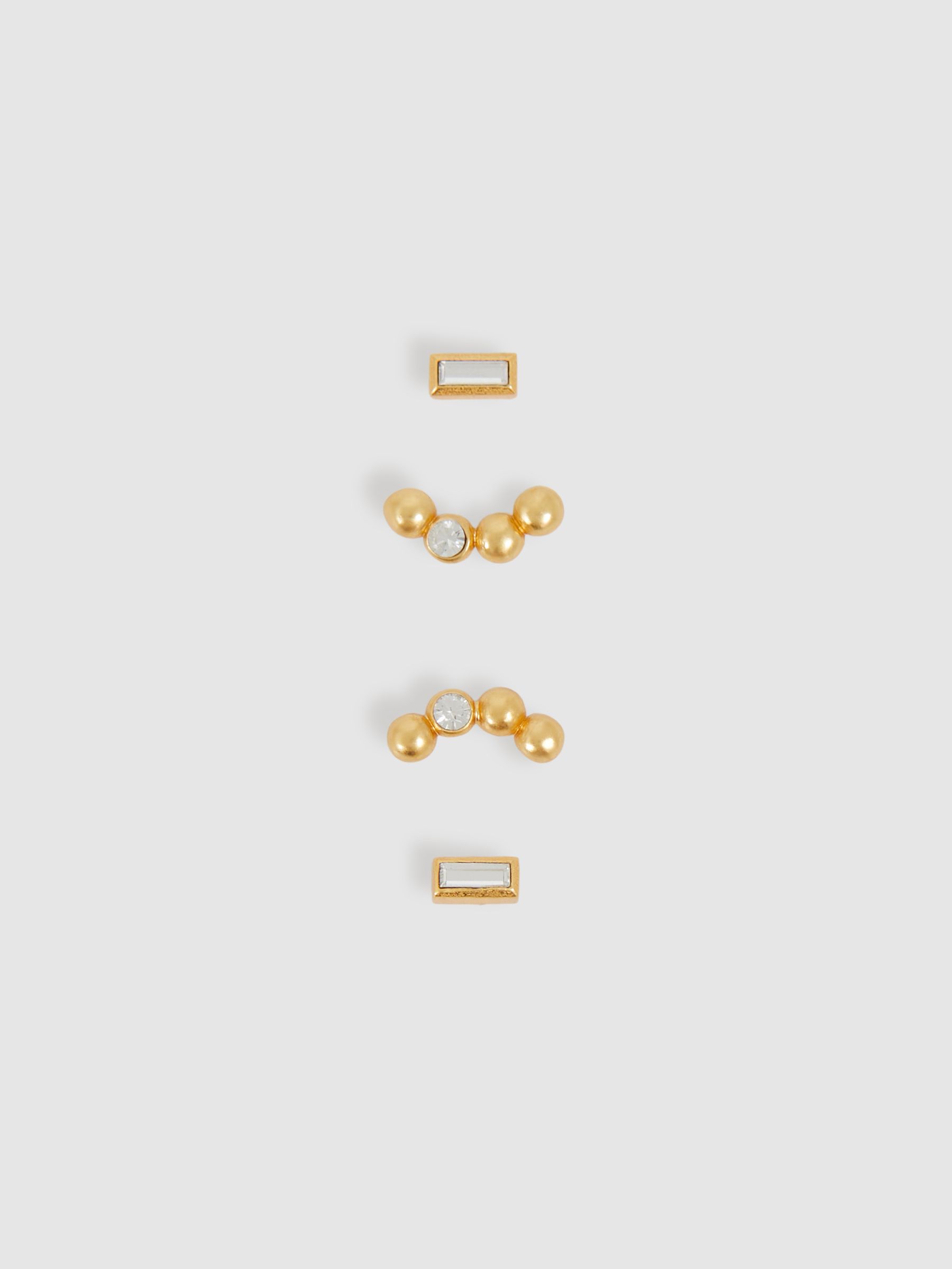 Micro Baguette And Crystal Stud Earrings Set in Gold Tone