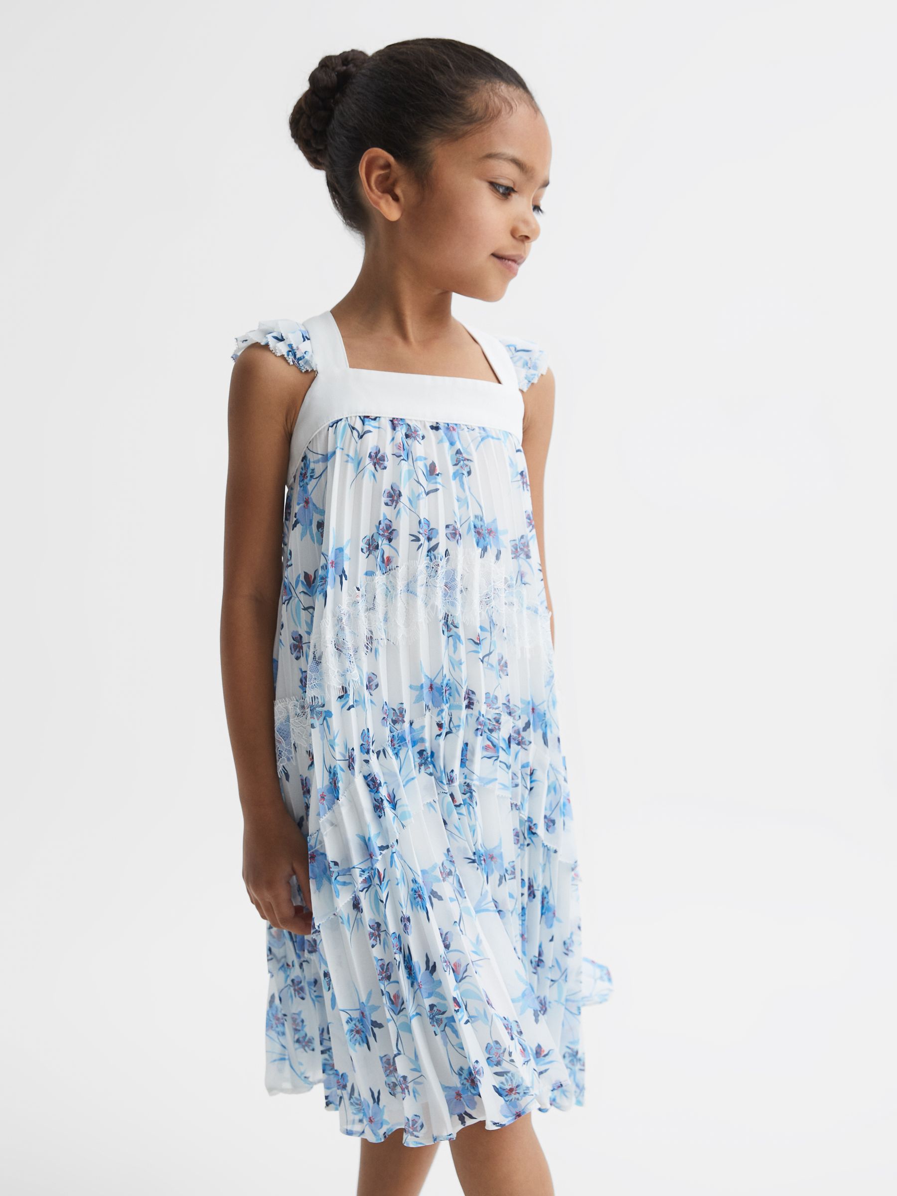 Floral Printed Pleated Dress in Blue Print