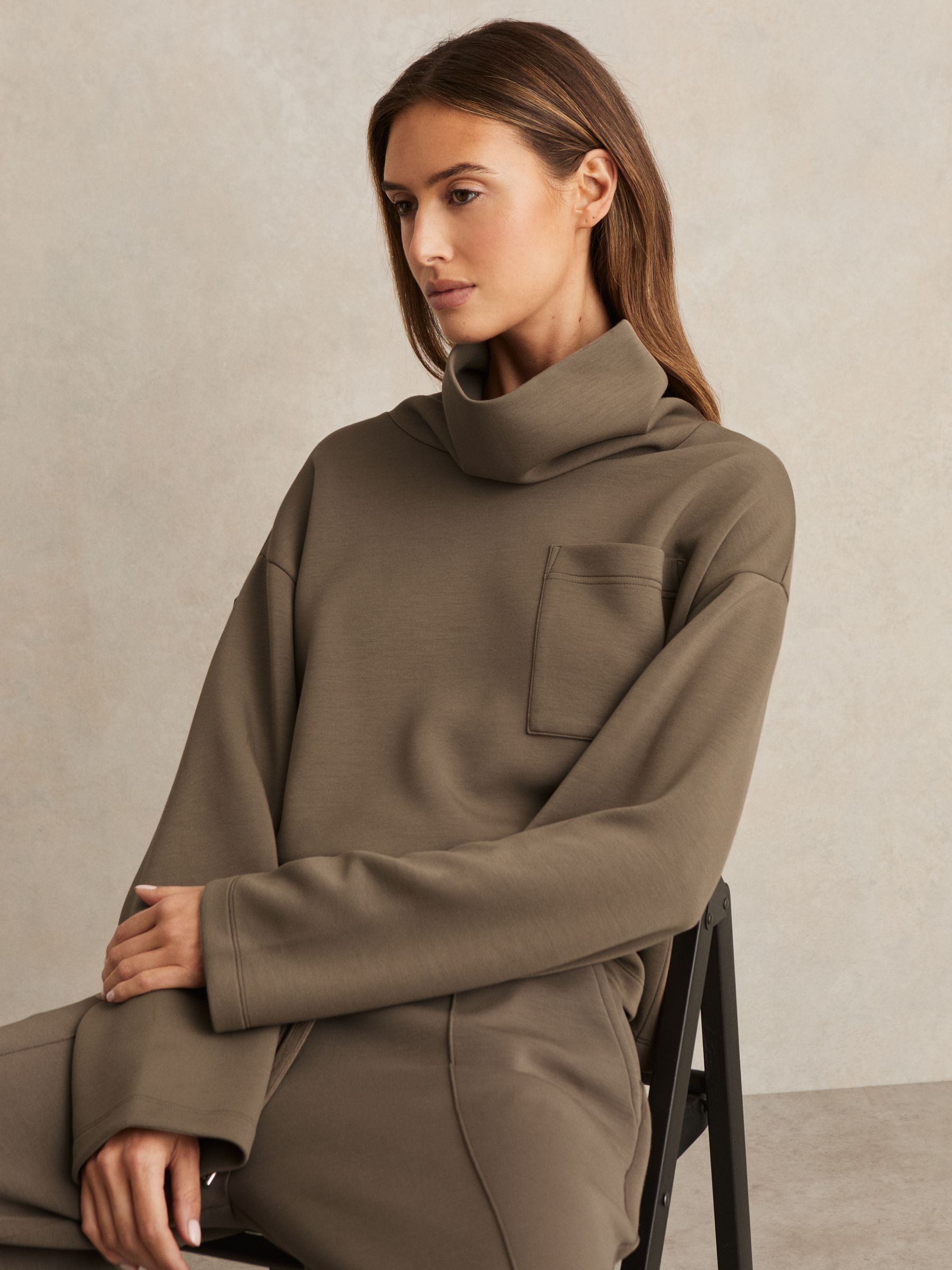 Interlock-Jersey Funnel-Neck Sweatshirt in Khaki Green