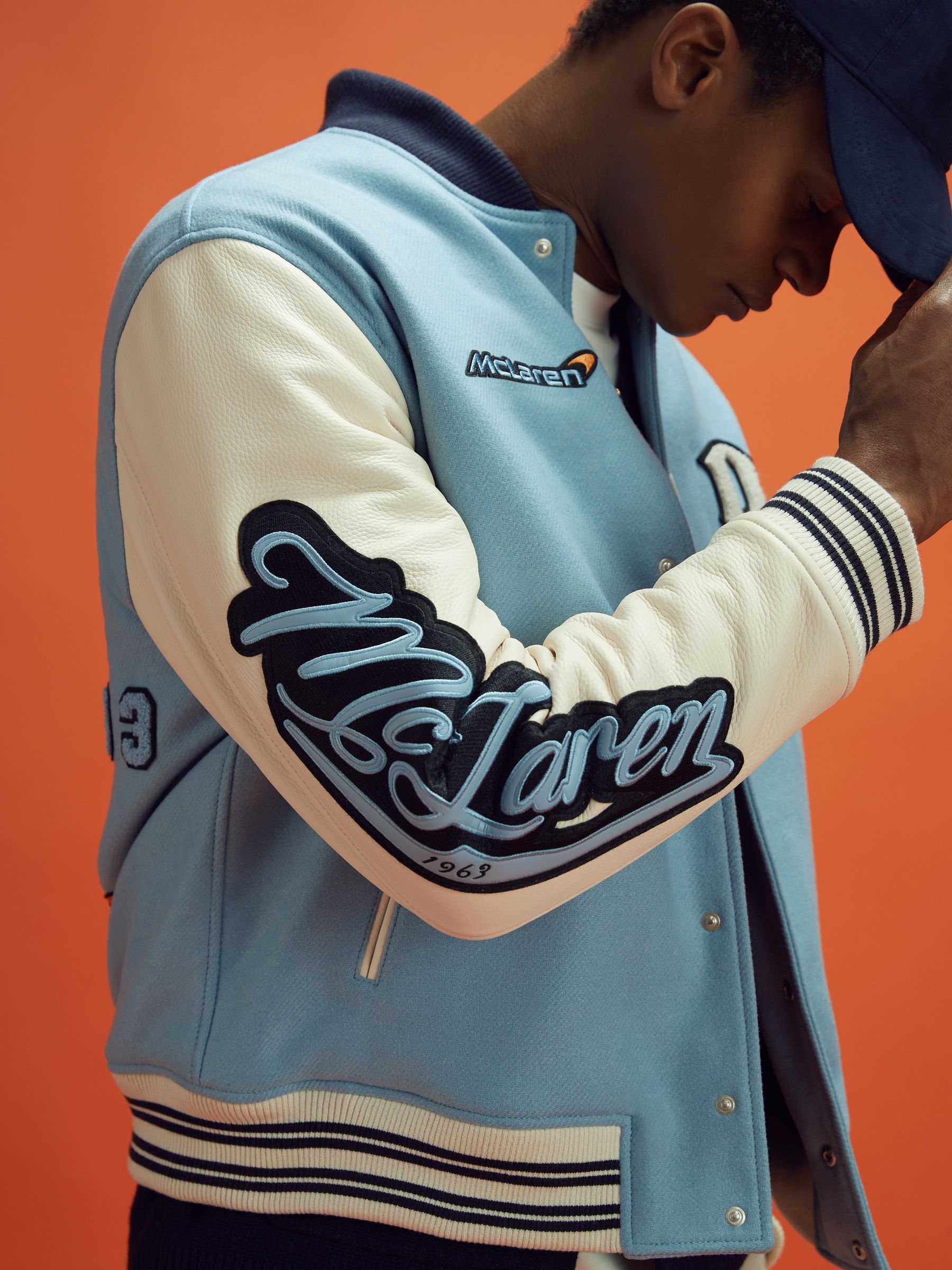 Leather Varsity Jacket in Soft Blue/Ecru