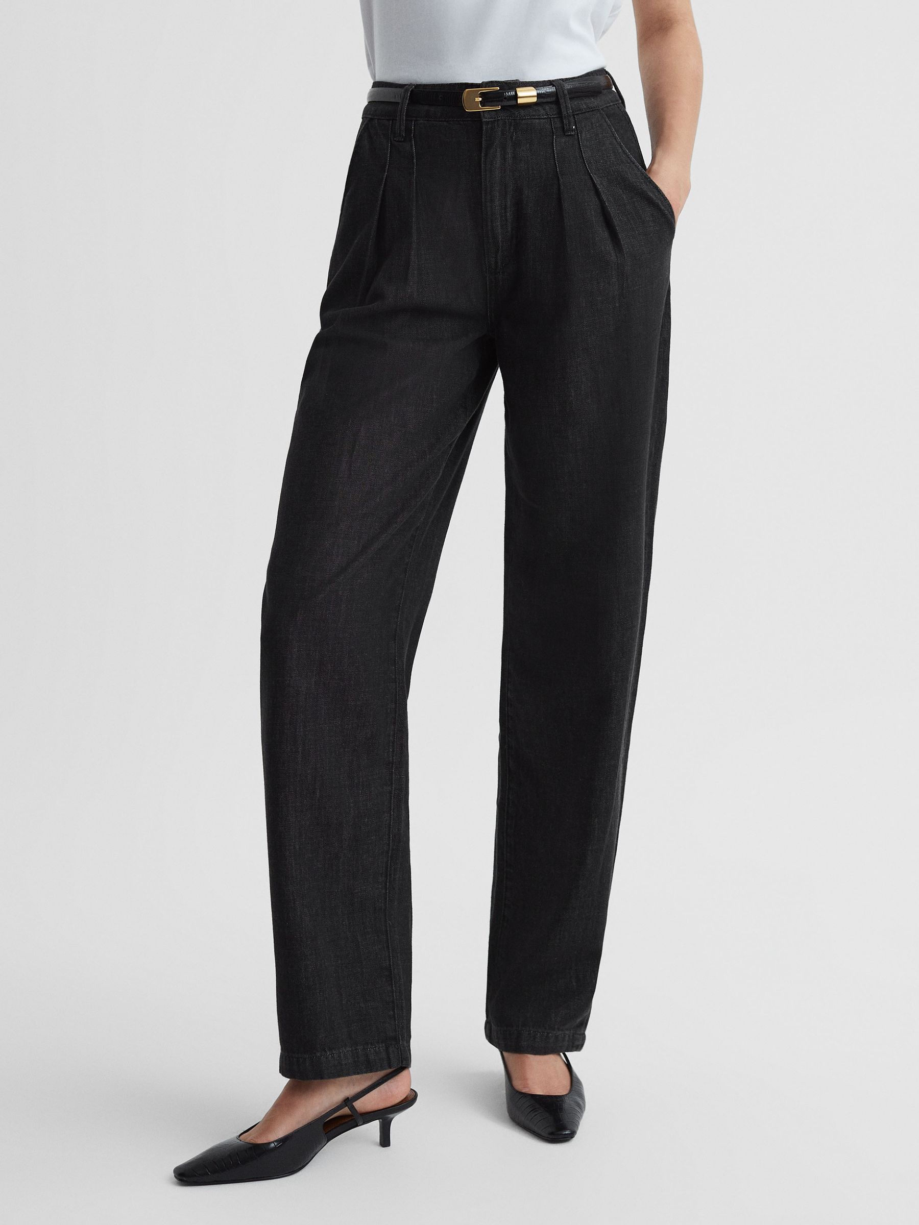Paige High Rise Tapered Jeans in Washed Black