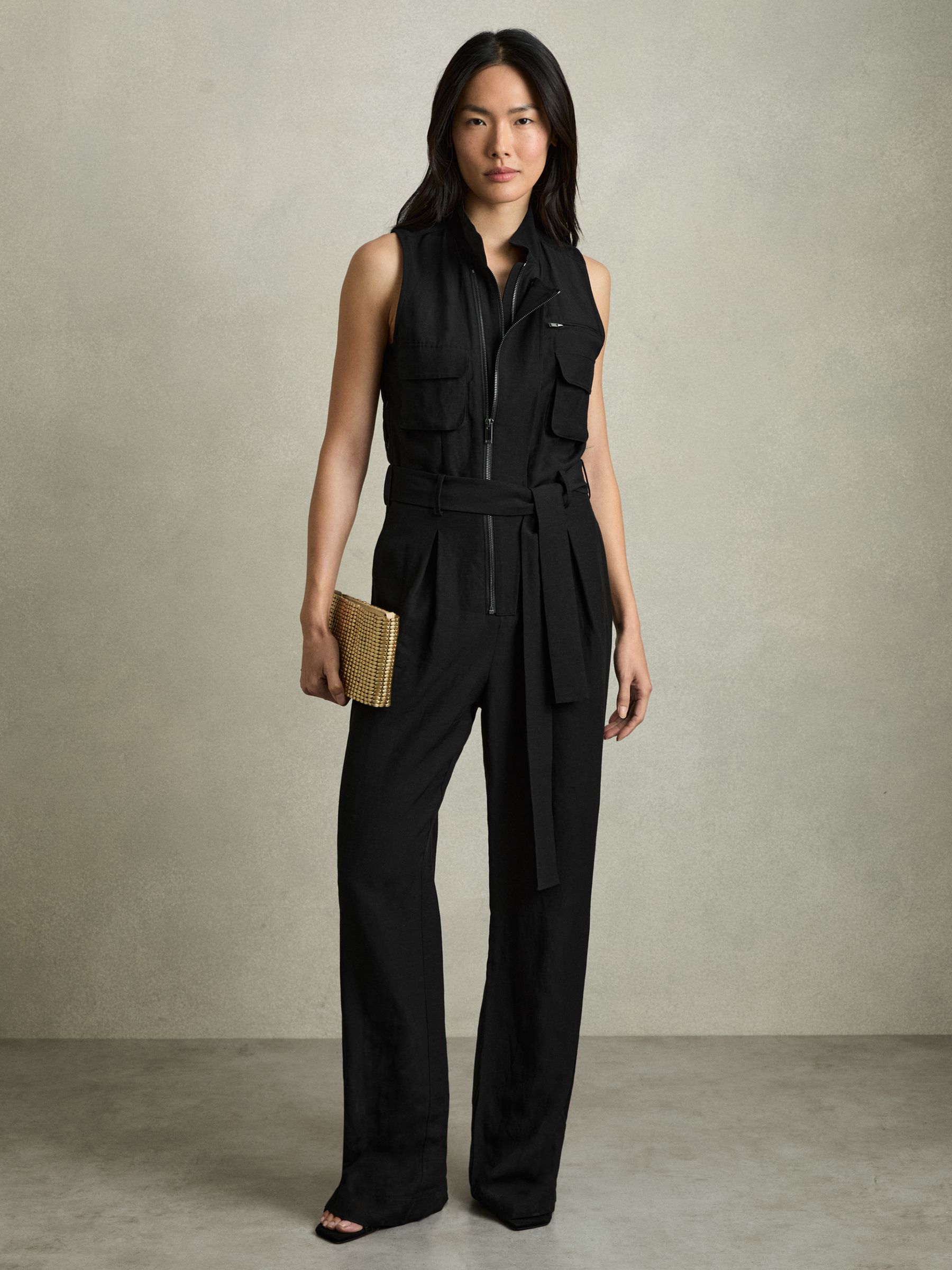 Utility Zip Through Jumpsuit With Linen in Black