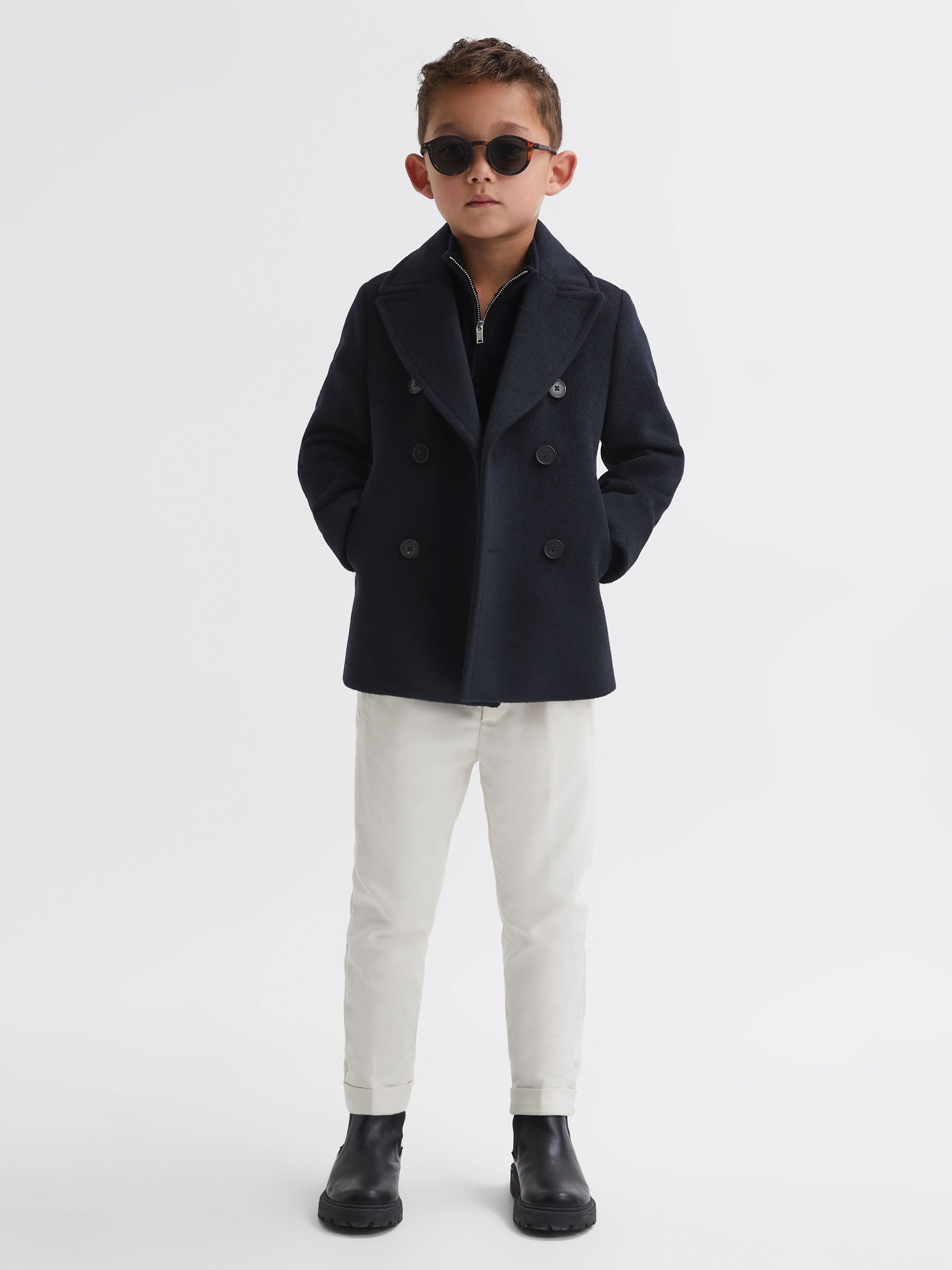 4-9 yrs Wool Blend Twill Double Breasted Coat in Navy