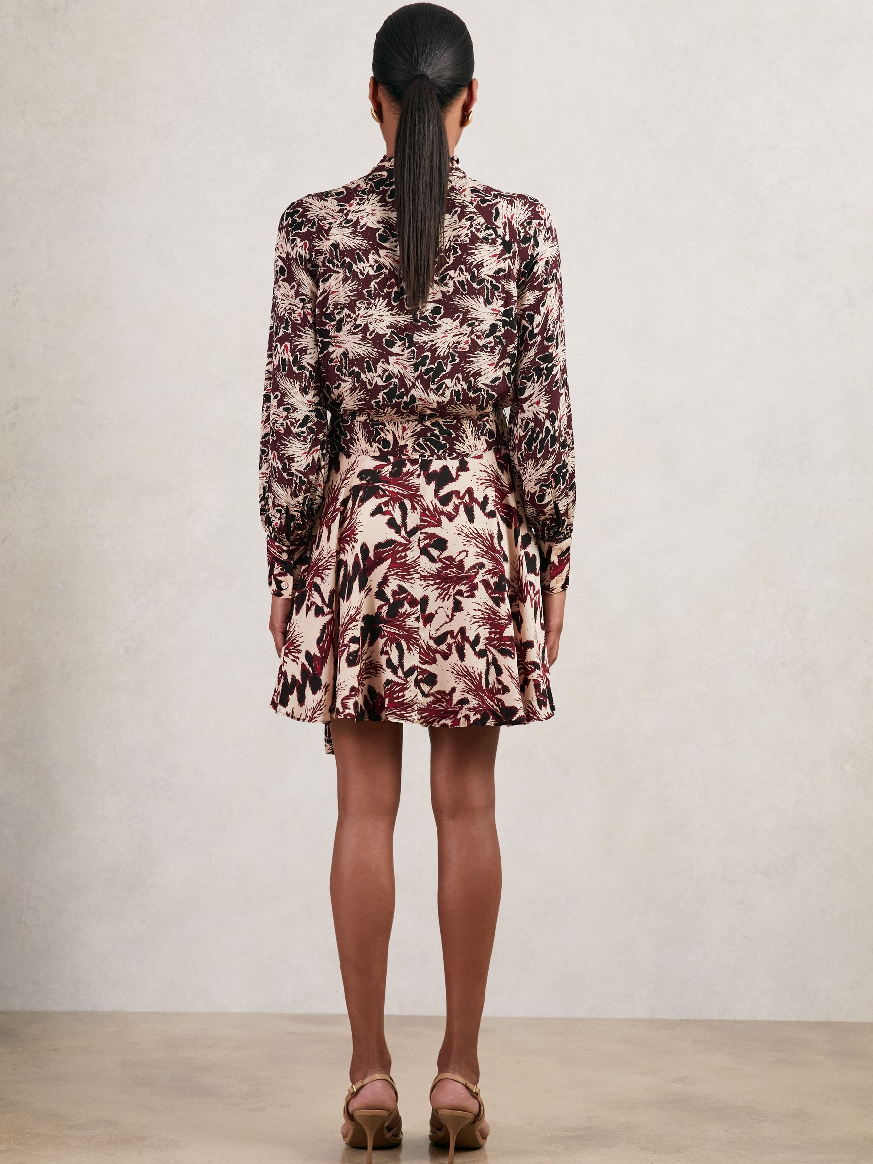 Printed Tie-Waist Flippy Mini Dress in Burgundy/Cream