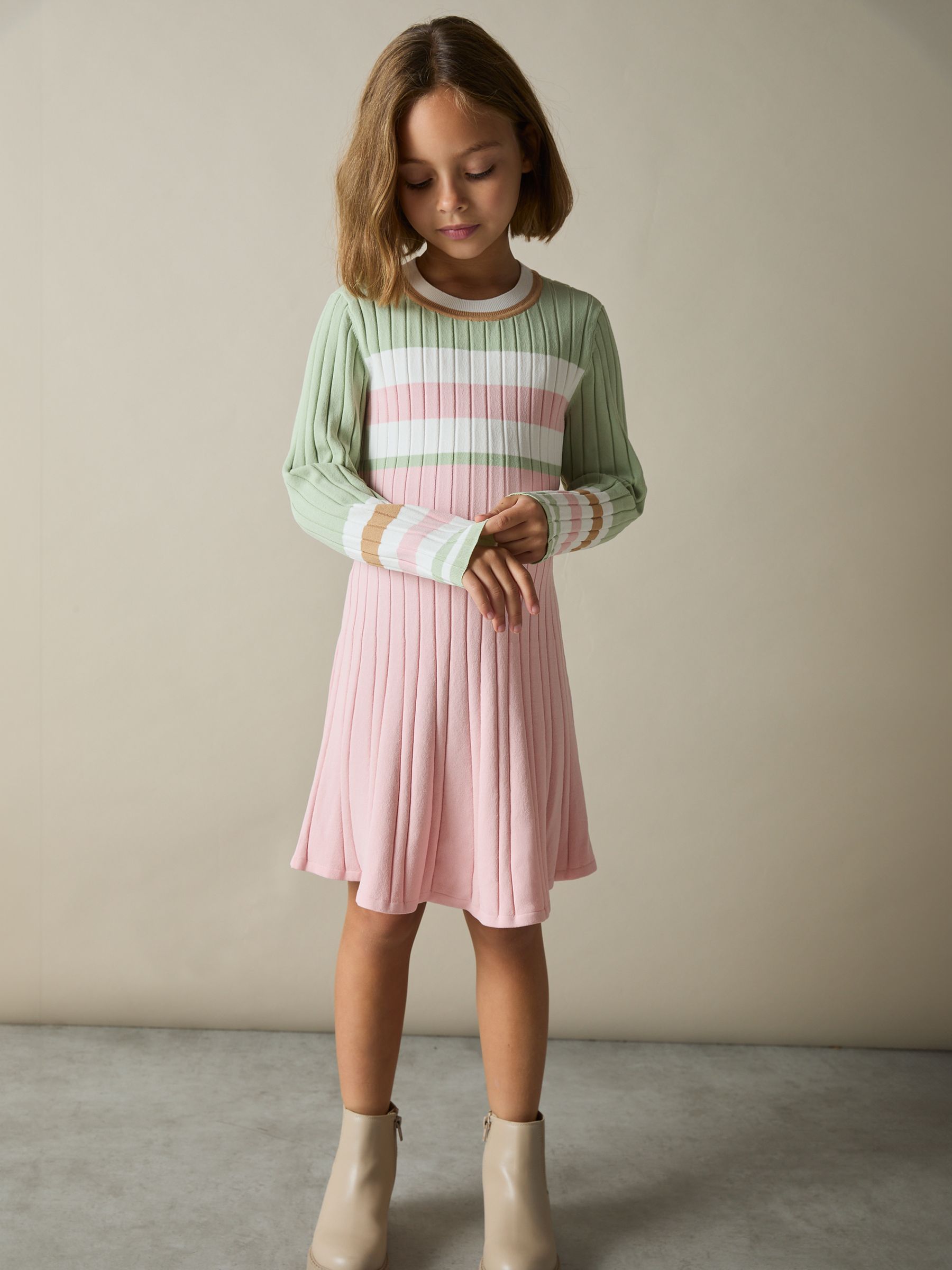 4-9 yrs Colour-Block Rib-Knit Skater Dress in Pink