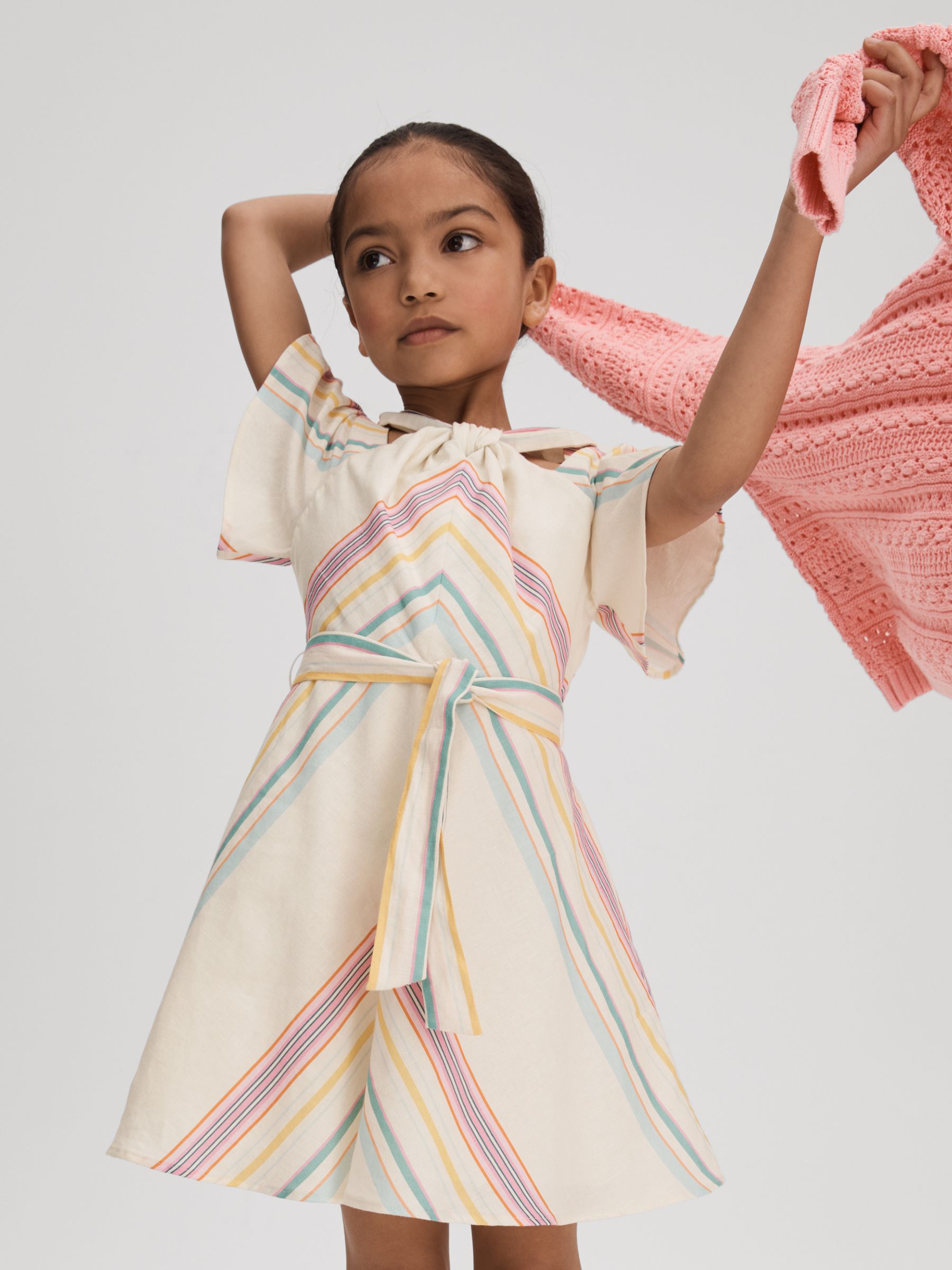 13-14 yrs Linen Cotton Knot Detail Dress in Ivory