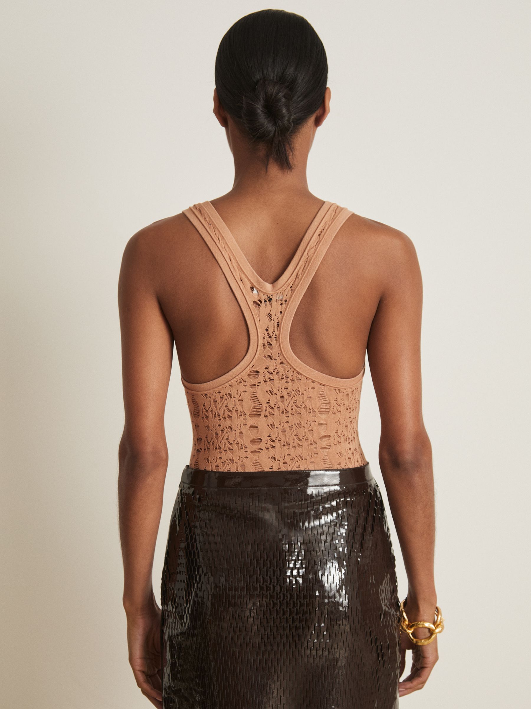 Atelier Ladder Knit High Neck Bodysuit in Tan