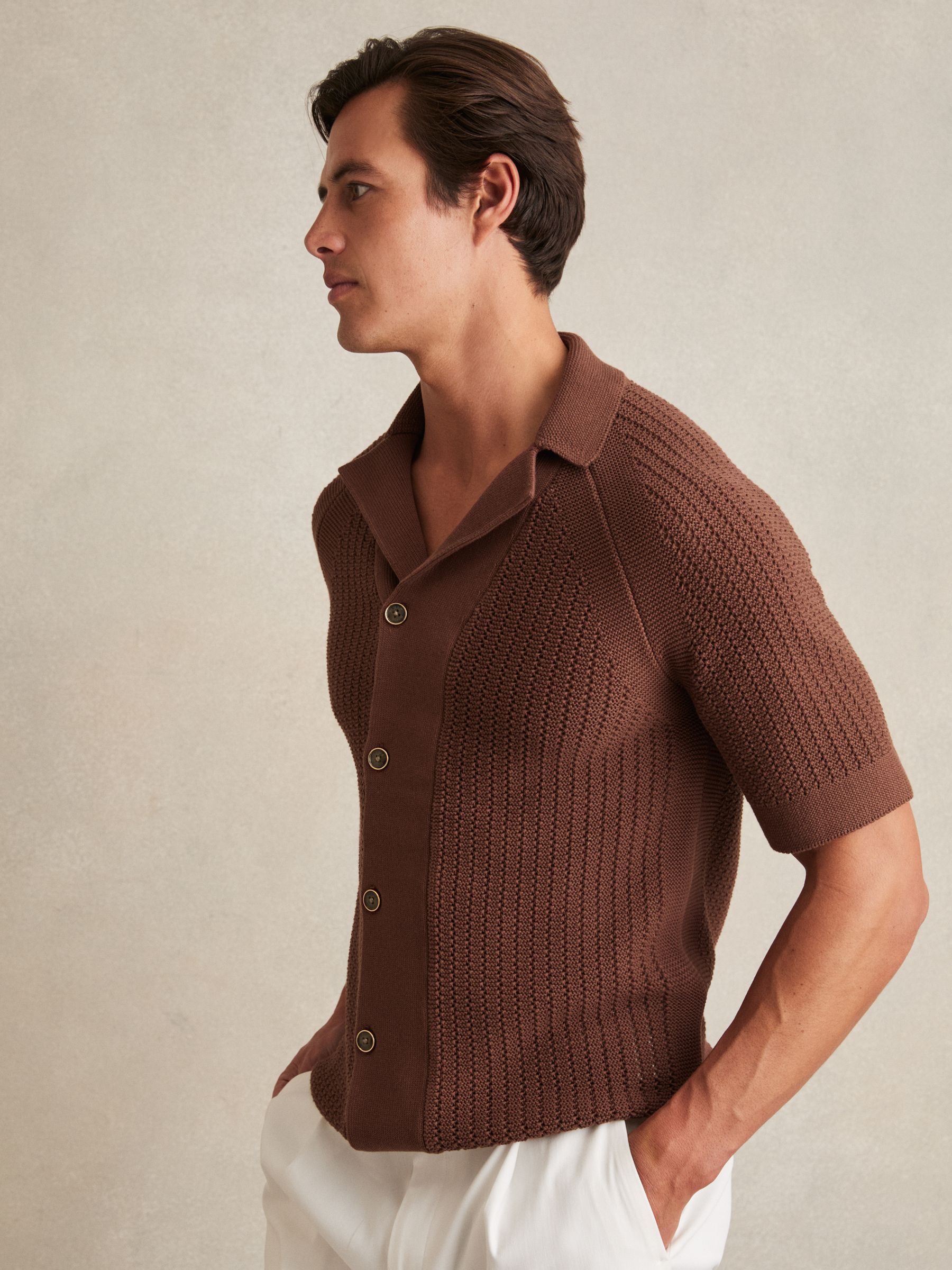 Cotton Textured-Knit Cuban-Collar Shirt in Tobacco Brown