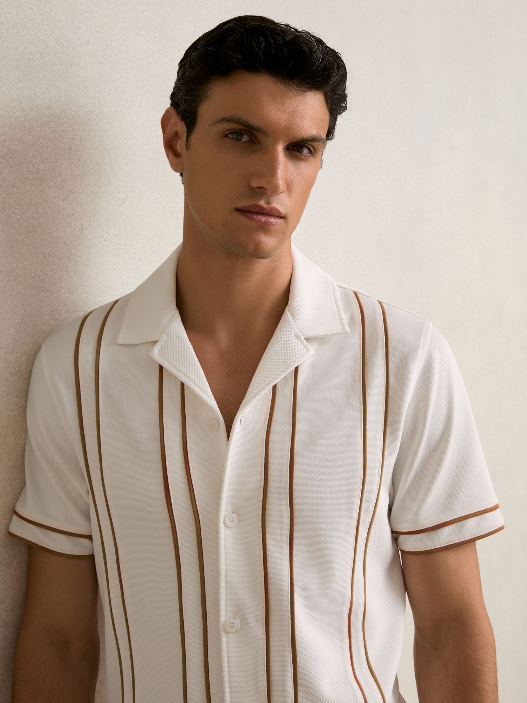 Piped-Stripe Cuban-Collar Shirt in White/Camel
