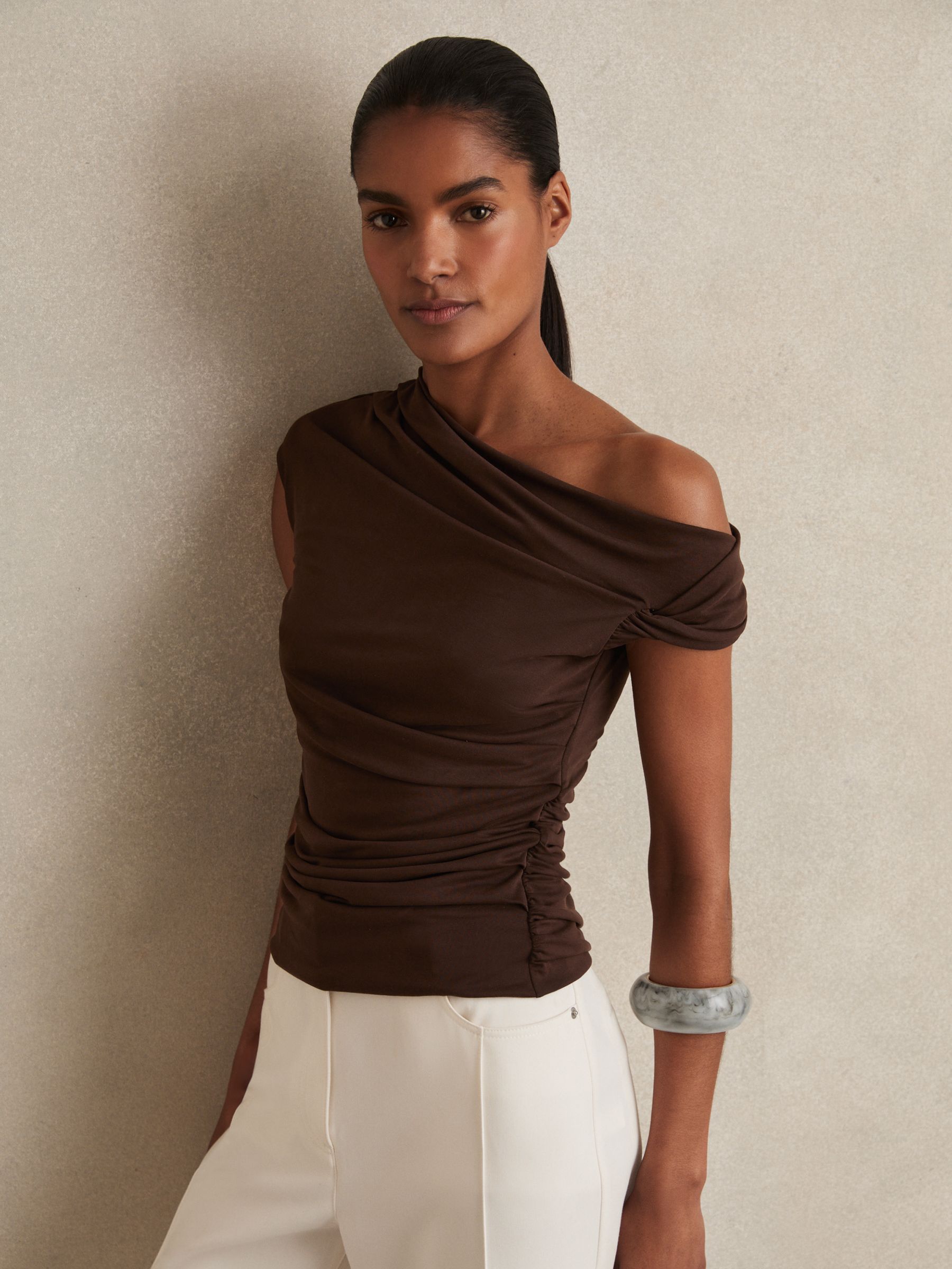 Modal-Blend Ruched Off-Shoulder Top in Chocolate Brown
