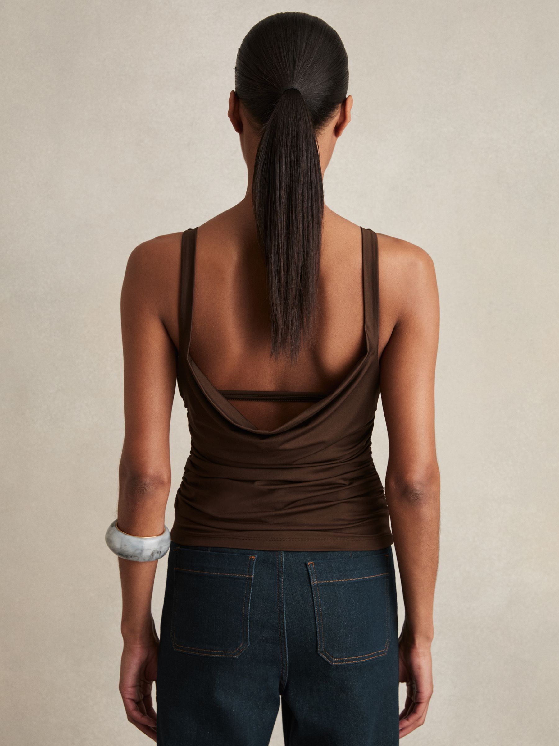 Ruched Jersey Cowl Back Vest in Chocolate Brown