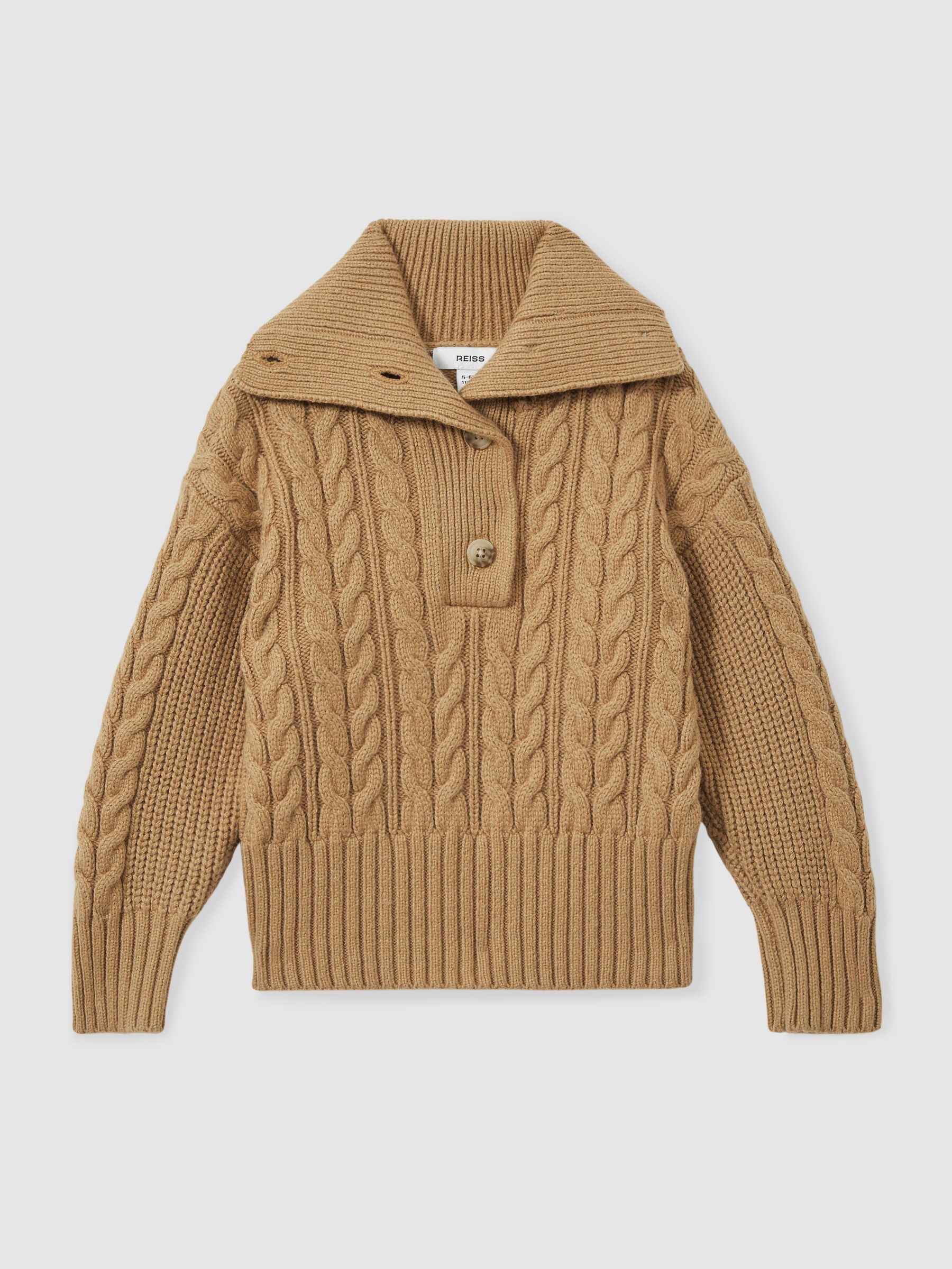 9-13 yrs Cotton-Blend Open-Collar Cable-Knit Jumper With Wool in Camel