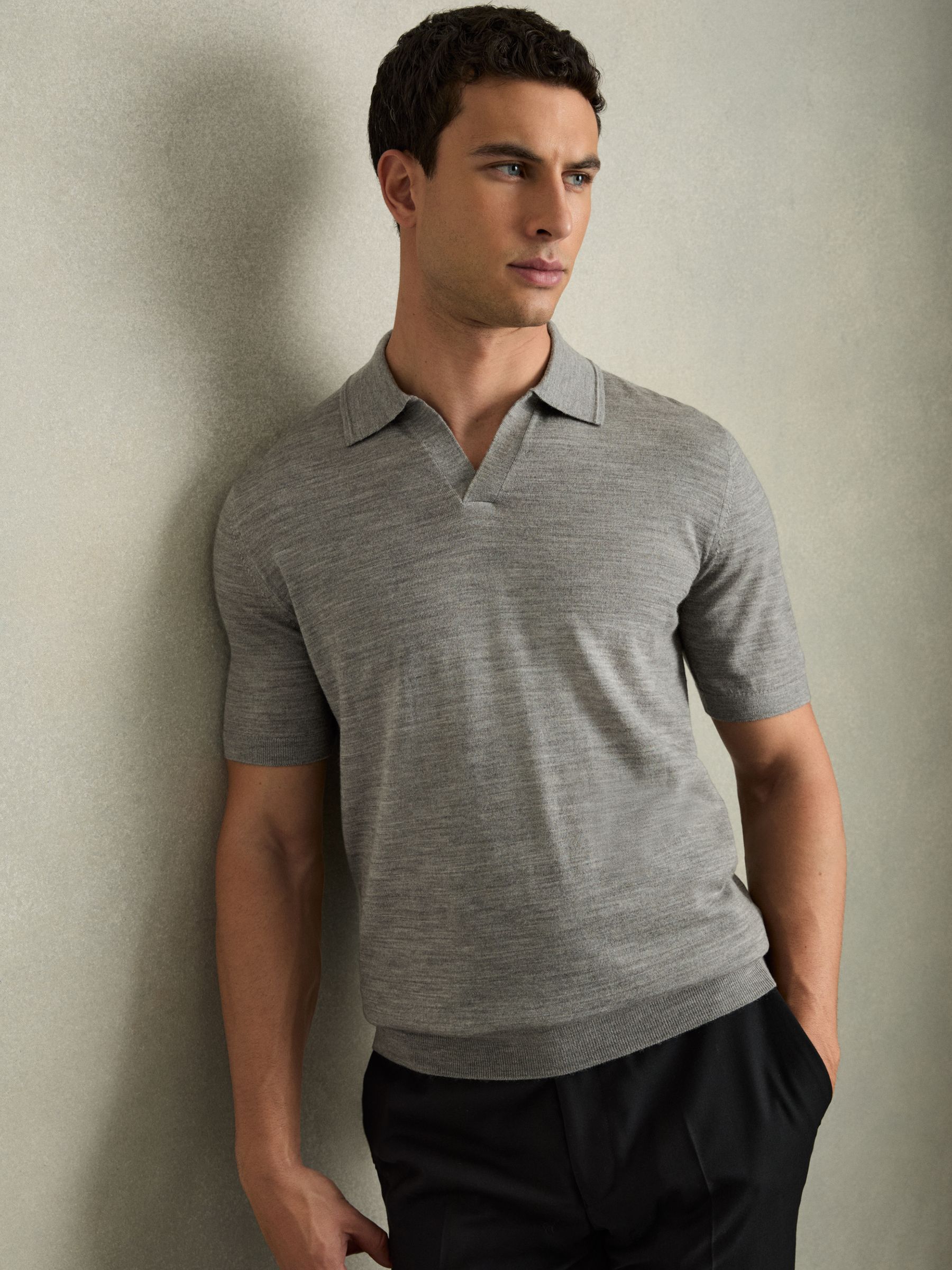 Merino Wool Open Collar Polo Shirt in Warm Grey Melange