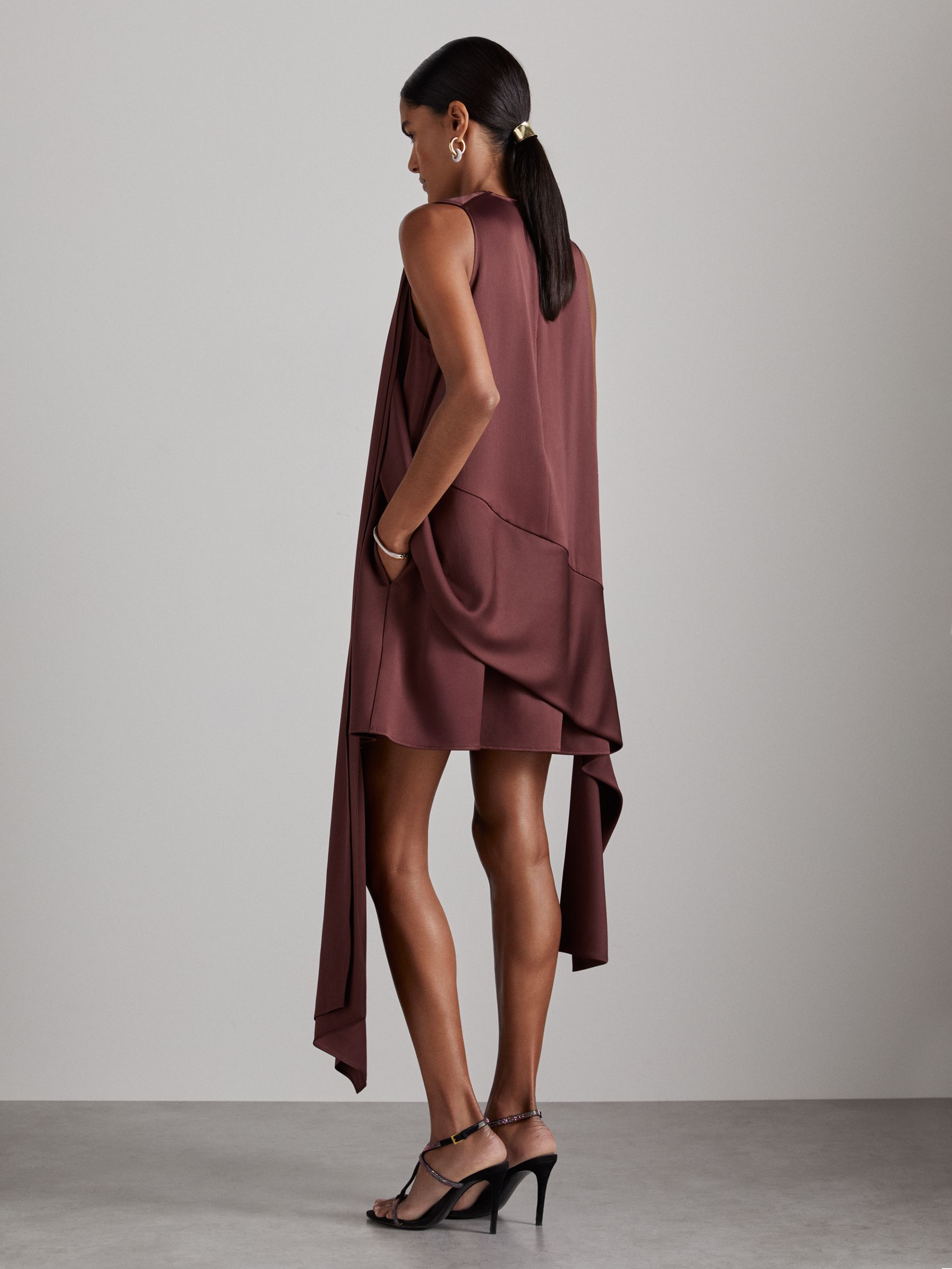 Atelier Satin Draped-Sash Mini Dress in Burgundy