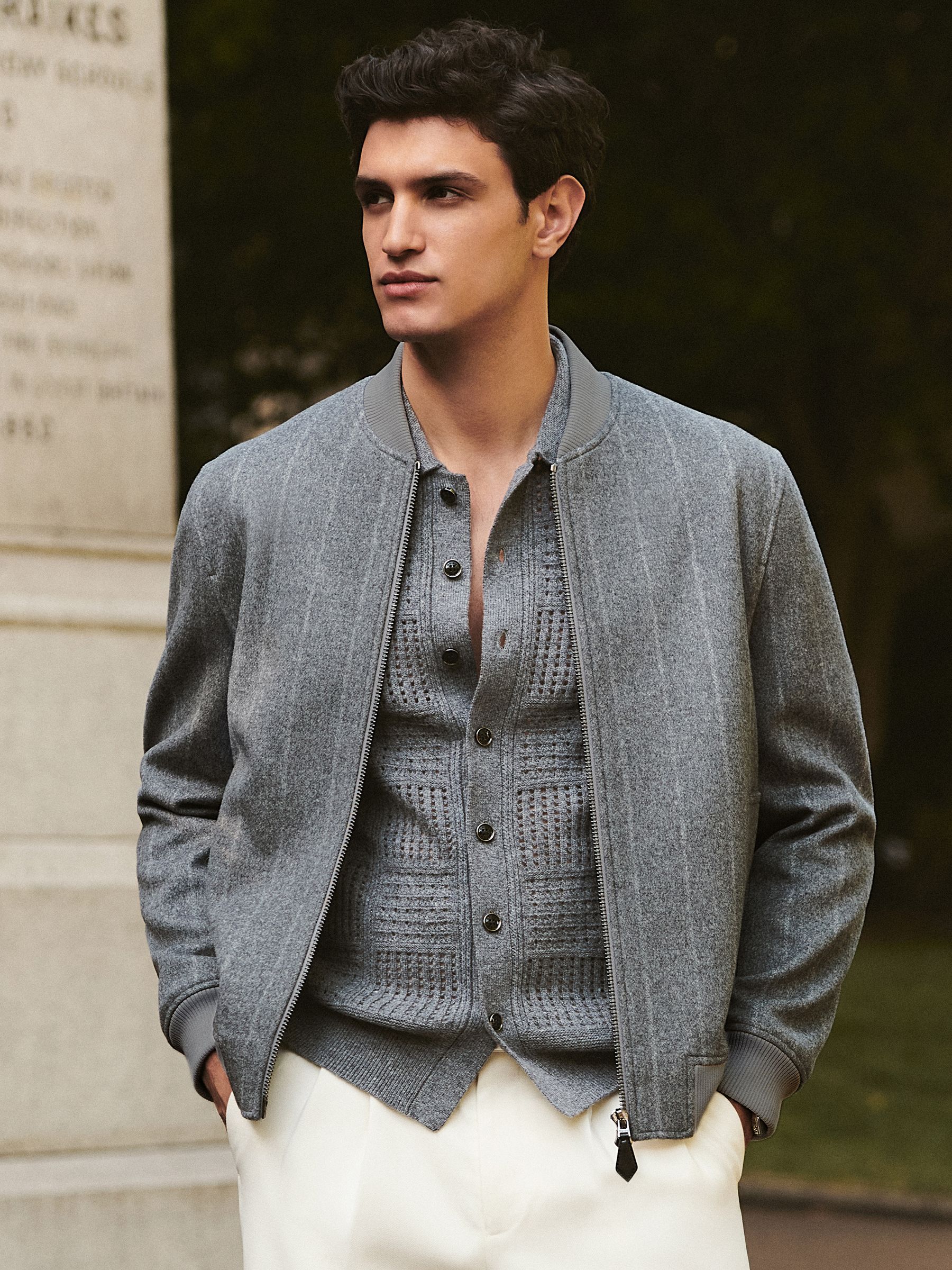 Wool-Blend Chalk-Stripe Bomber Jacket in Grey