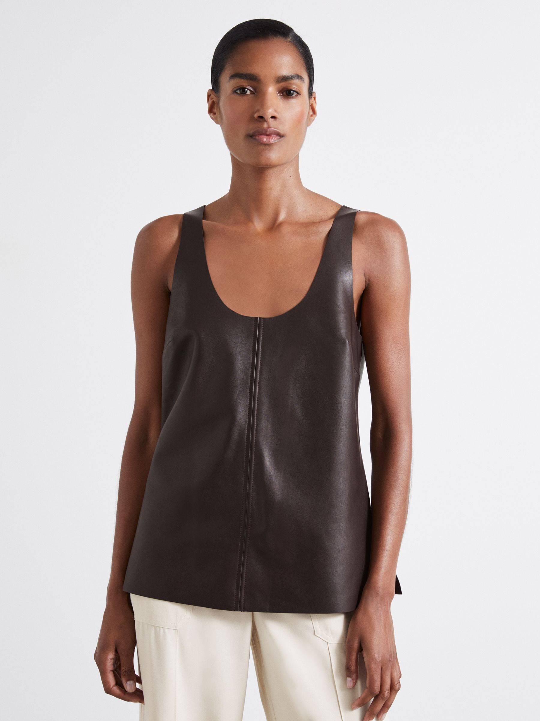 Atelier Leather Scoop-Neck Top in Chocolate